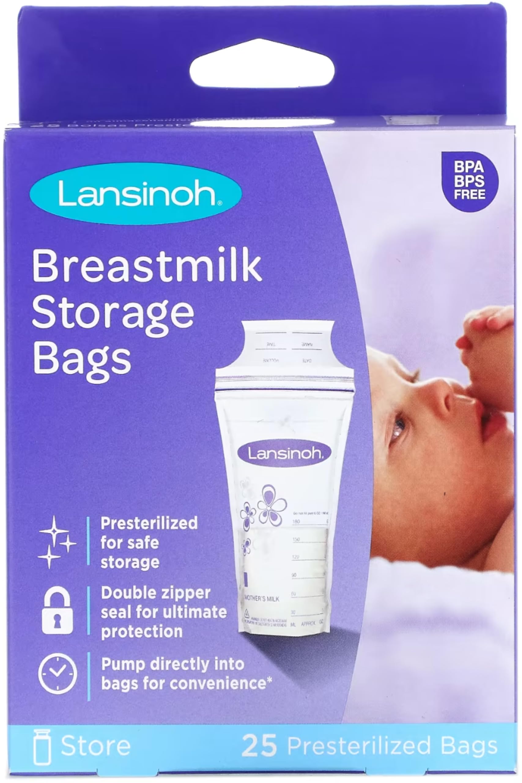 Lansinoh Breastmilk Storage Bags - 25 Count (6 Pack) - BPA Free, Pre-Sterilized, Double Zipper Seal - Perfect for Pumping, Freezing & Organizing Breast Milk