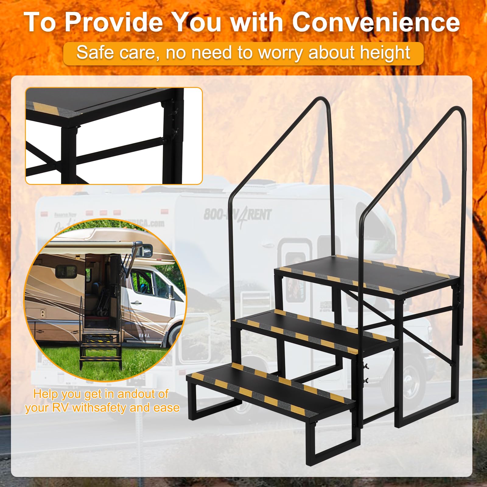 3 Step RV Stairs with Handrails - Heavy Duty Outdoor Steps for Travel Trailers, Motorhomes, Boats, Hot Tubs & Porches | Non-Slip Camper Stairs for Safe Entry & Exit