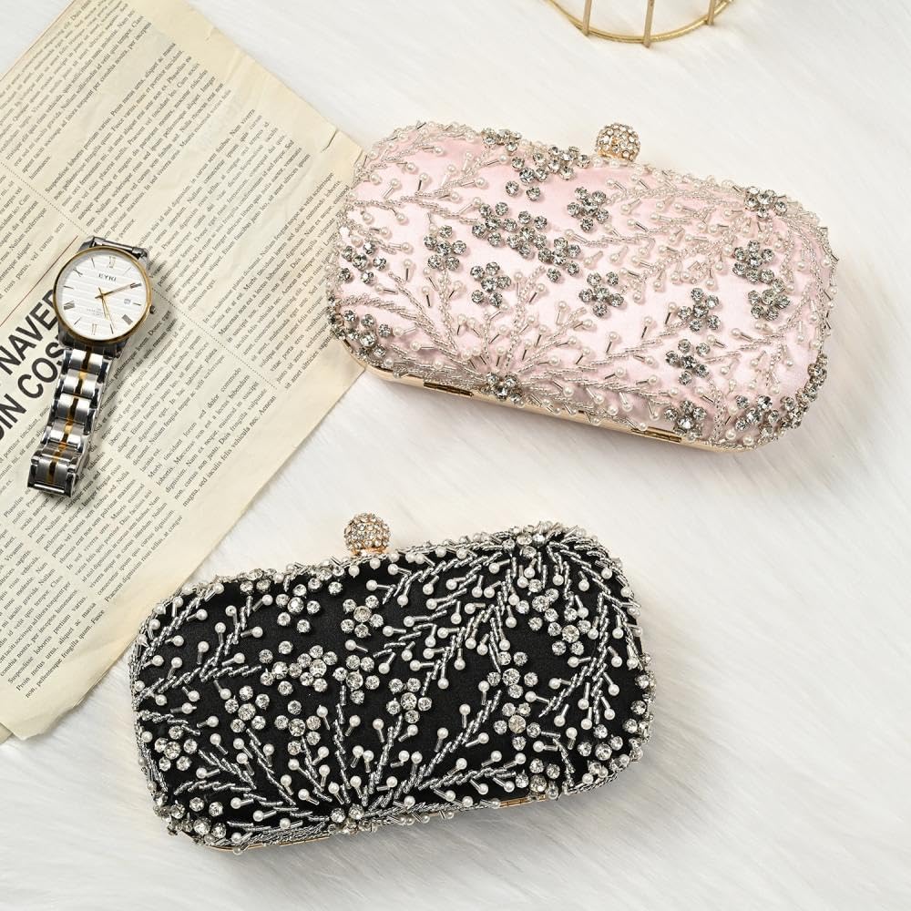Elegant Rhinestone & Pearl Clutch Purse for Women - Wedding, Prom, Cocktail Party & Evening Events - Sparkling Formal Handbag for Special Occasions