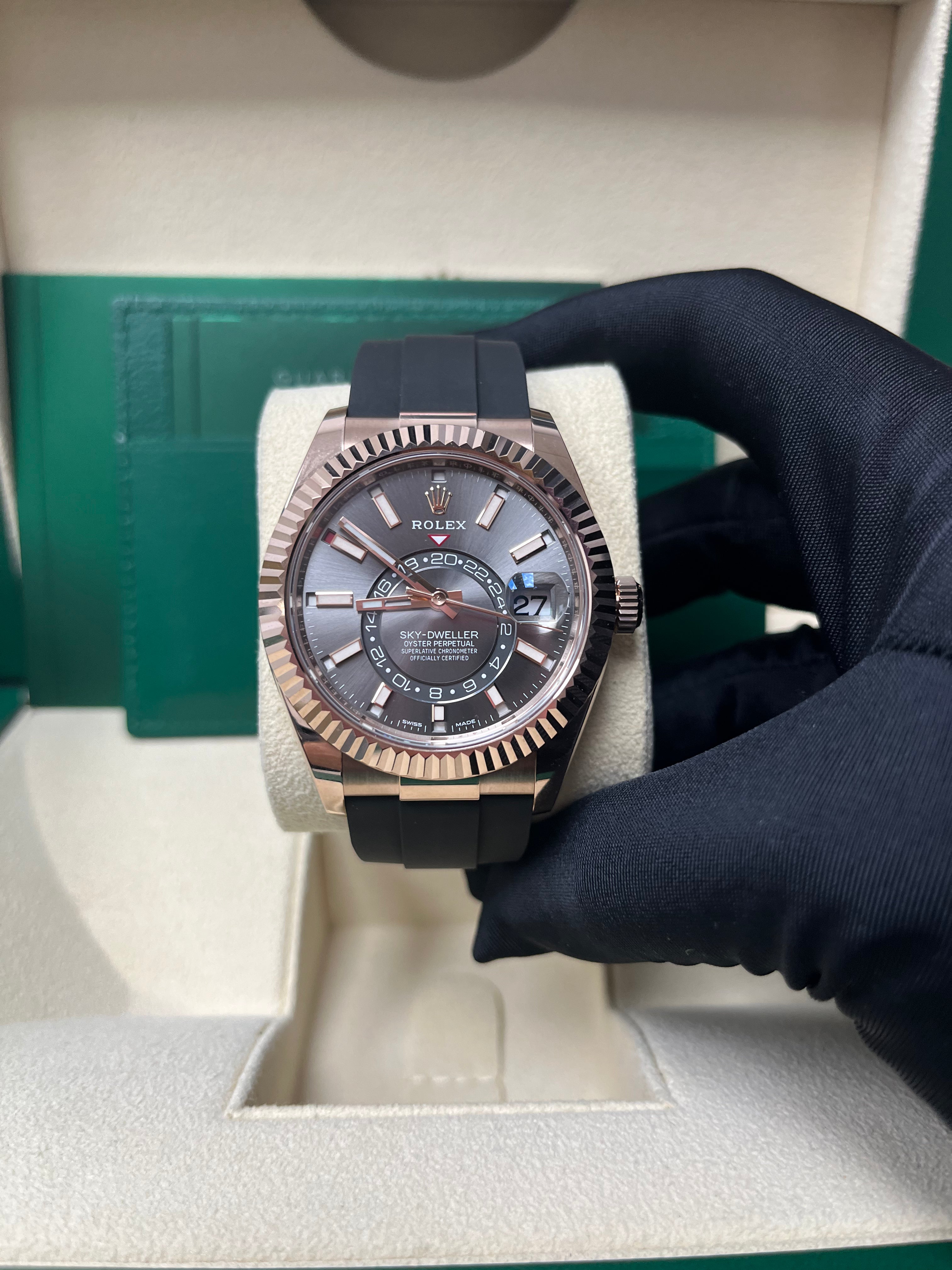Rolex Sky-Dweller 42mm Rose Gold Watch with Dark Rhodium Dial & Oysterflex Bracelet (Ref. 326235) - Luxury Men's Timepiece for Business, Travel & Special Occasions
