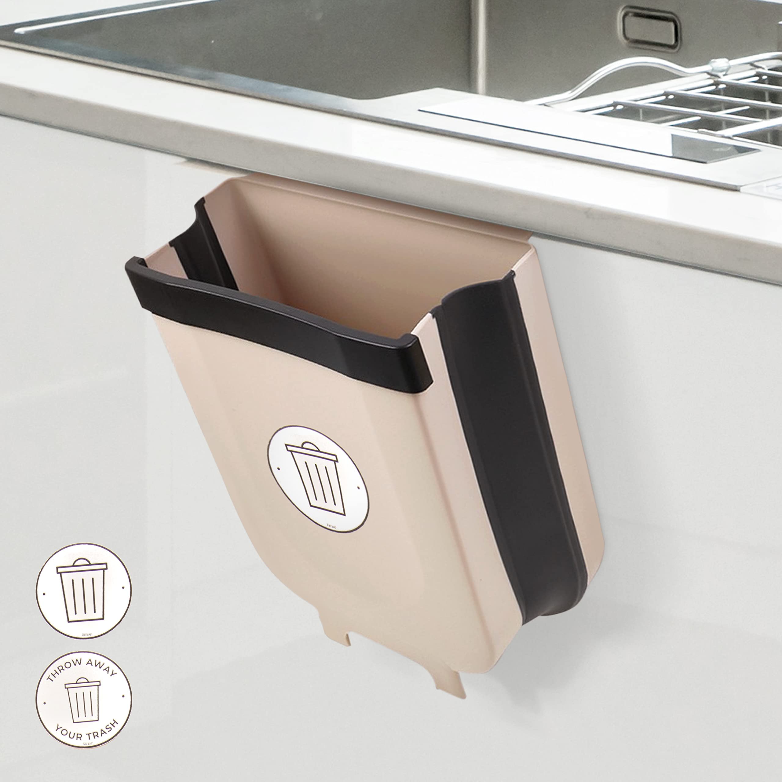 Foldable Hanging Trash Can - 2.4 Gallon Collapsible Garbage Bin for Kitchen Cabinet Door, Car Front Seat & Under Sink - Space-Saving Pull-Out Waste Basket for Home, Office & Travel Use