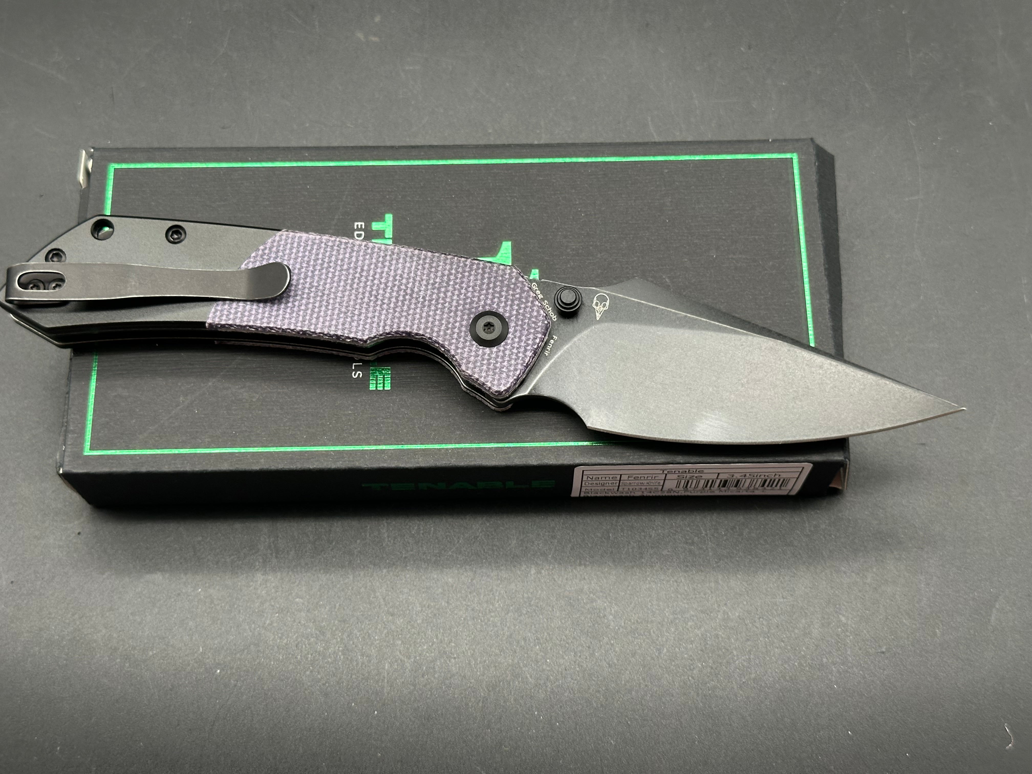 TENABLE FENRIR Button Lock Pocket Knife - Purple Micarta & Blackwash Aluminum Handle, 14C28N Harpoon Blade | EDC, Outdoor Survival, Camping Gear