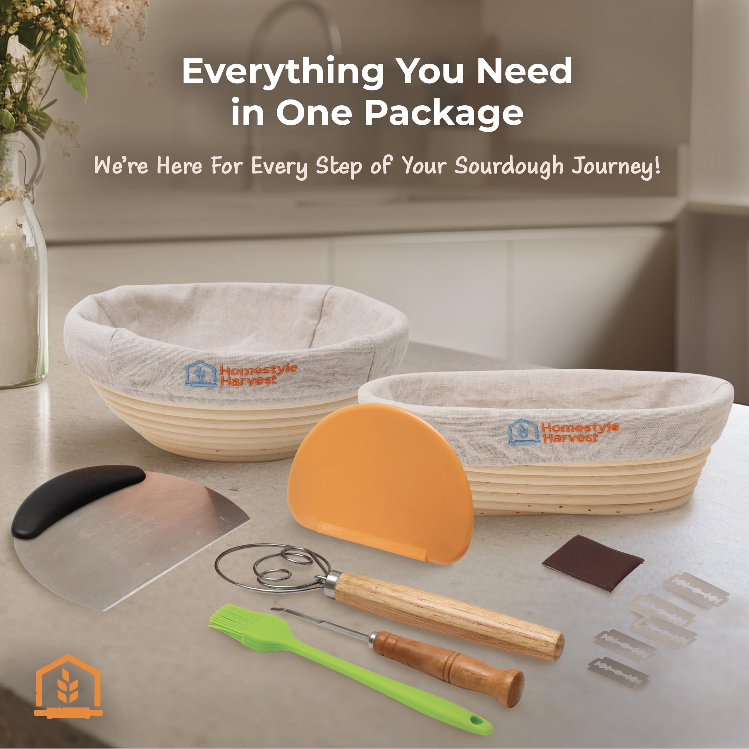 Premium Banneton Bread Proofing Basket Set - 10 Inch Oval & 9 Inch Round Sourdough Proofing Baskets with Lame, Dough Scraper, Stainless Steel Scraper, Dusting Brush & Linen Liners - Perfect for Artisan Bread Baking, Sourdough Making & Home Baking Enthusiasts
