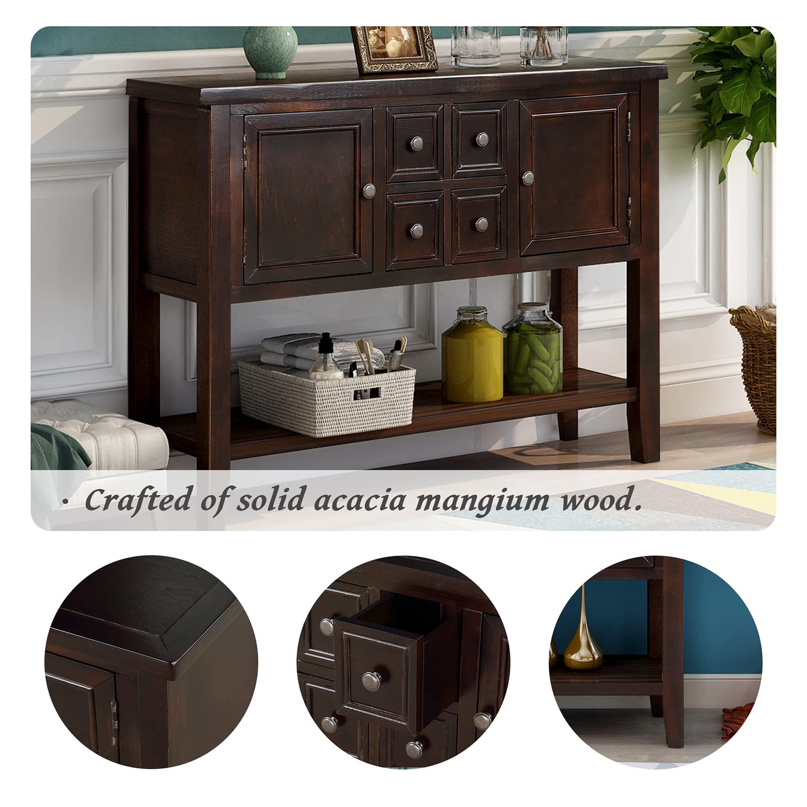 Distressed Buffet Sideboard - Retro Wooden Console Table for Kitchen, Dining & Living Room - Coffee Station & Storage