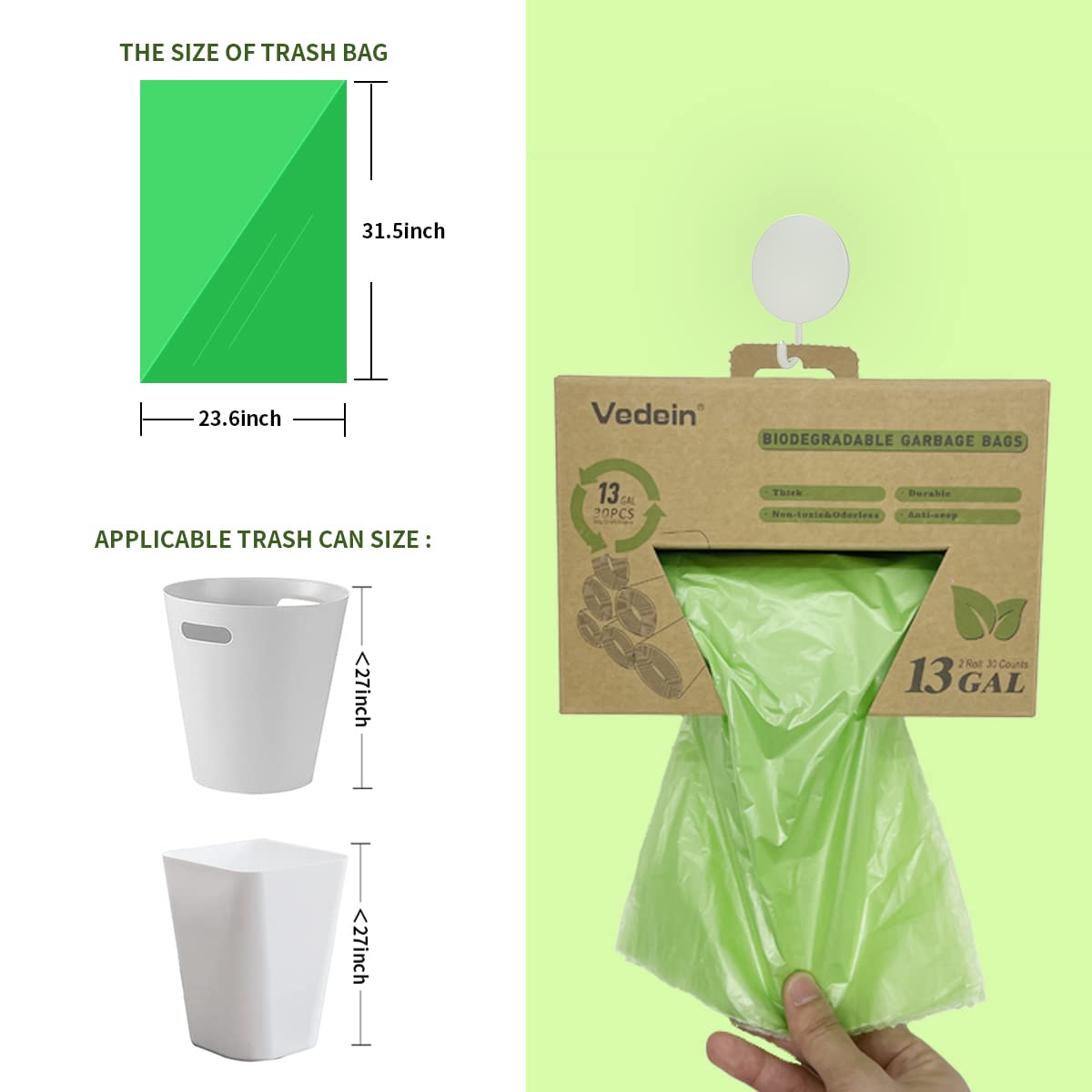 13 Gallon Tall Kitchen Garbage Bags - 30 Count Unscented Trash Can Liners (50 Liter) - Medium Wastebasket Bags for Bathroom, Home, Bedroom & Office - Heavy Duty Leak Proof - Perfect for 10-13 Gallon Trash Cans (Green, Pack of 2) - Ideal for Kitchen Waste, Daily Cleaning & Household Use