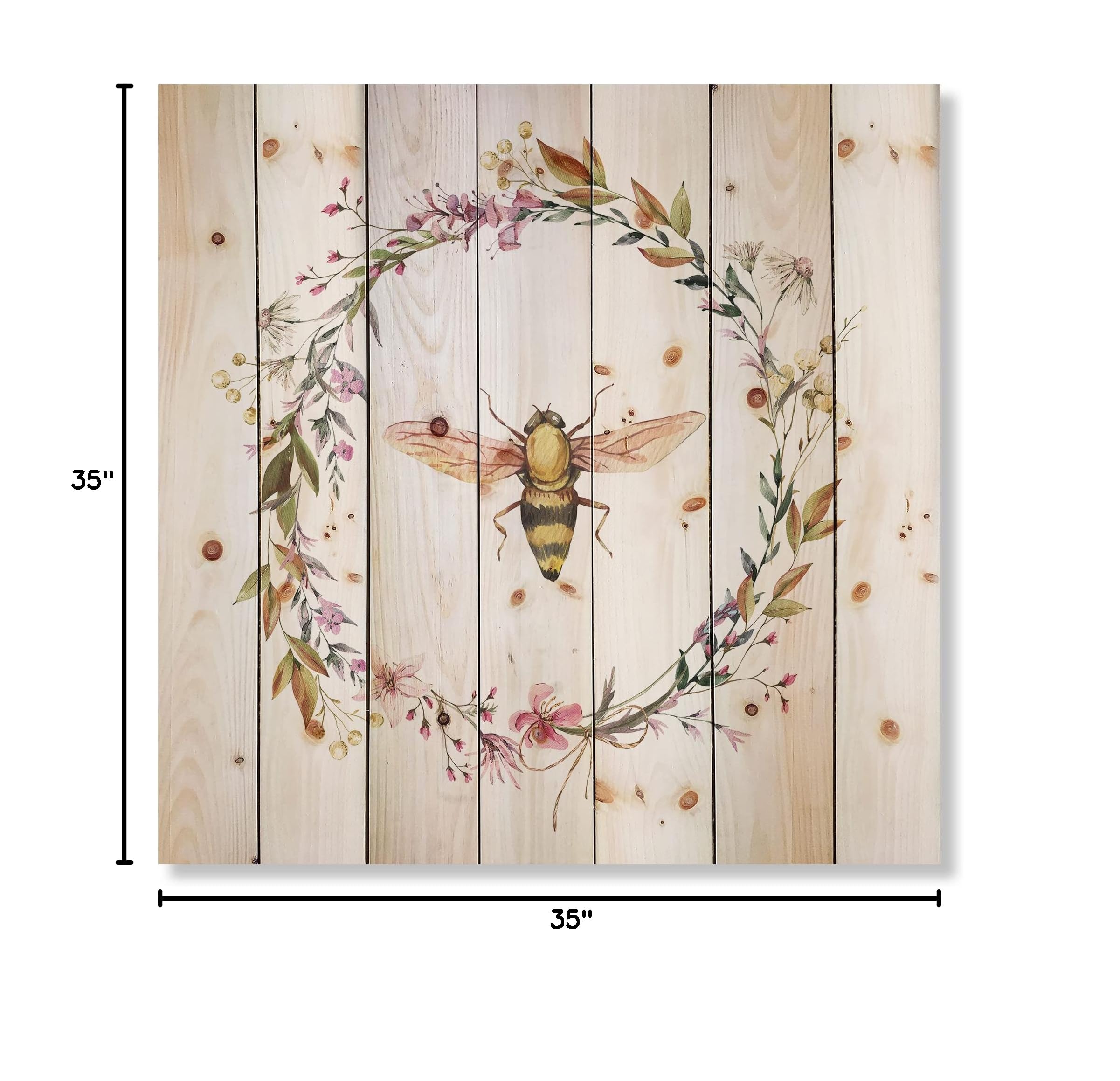DesignQ Bee In Wildflowers Wreath Farmhouse Wood Wall Decor - White Wood Wall Art with Large Floral Print on Natural Pine - Perfect for Living Room, Bedroom & Home Office Decor