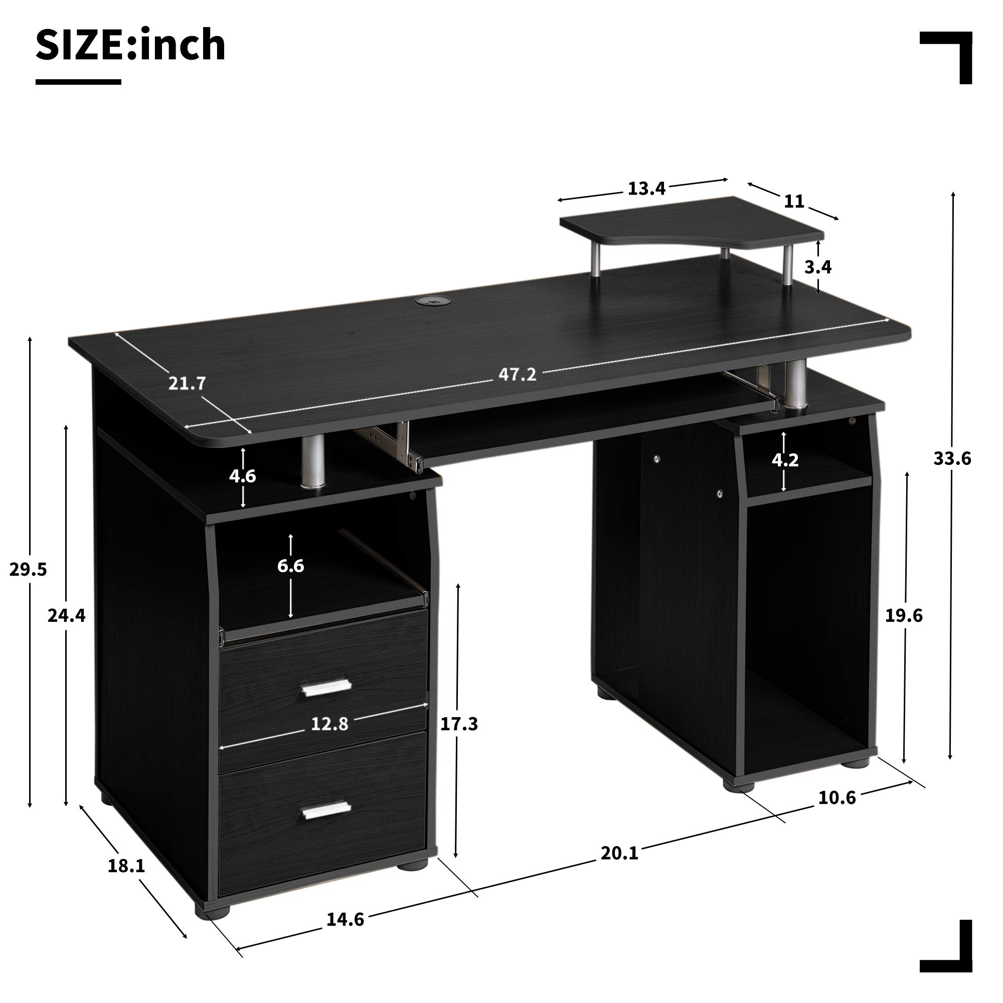 47 Inch Home Office Computer Desk with Hutch, 2 Drawers & Keyboard Tray - Black Study Writing Desk for Students & Professionals, PC Laptop Workstation with Elevated Shelf & Host Stand - Perfect for Small Spaces, Remote Work & Gaming Setup