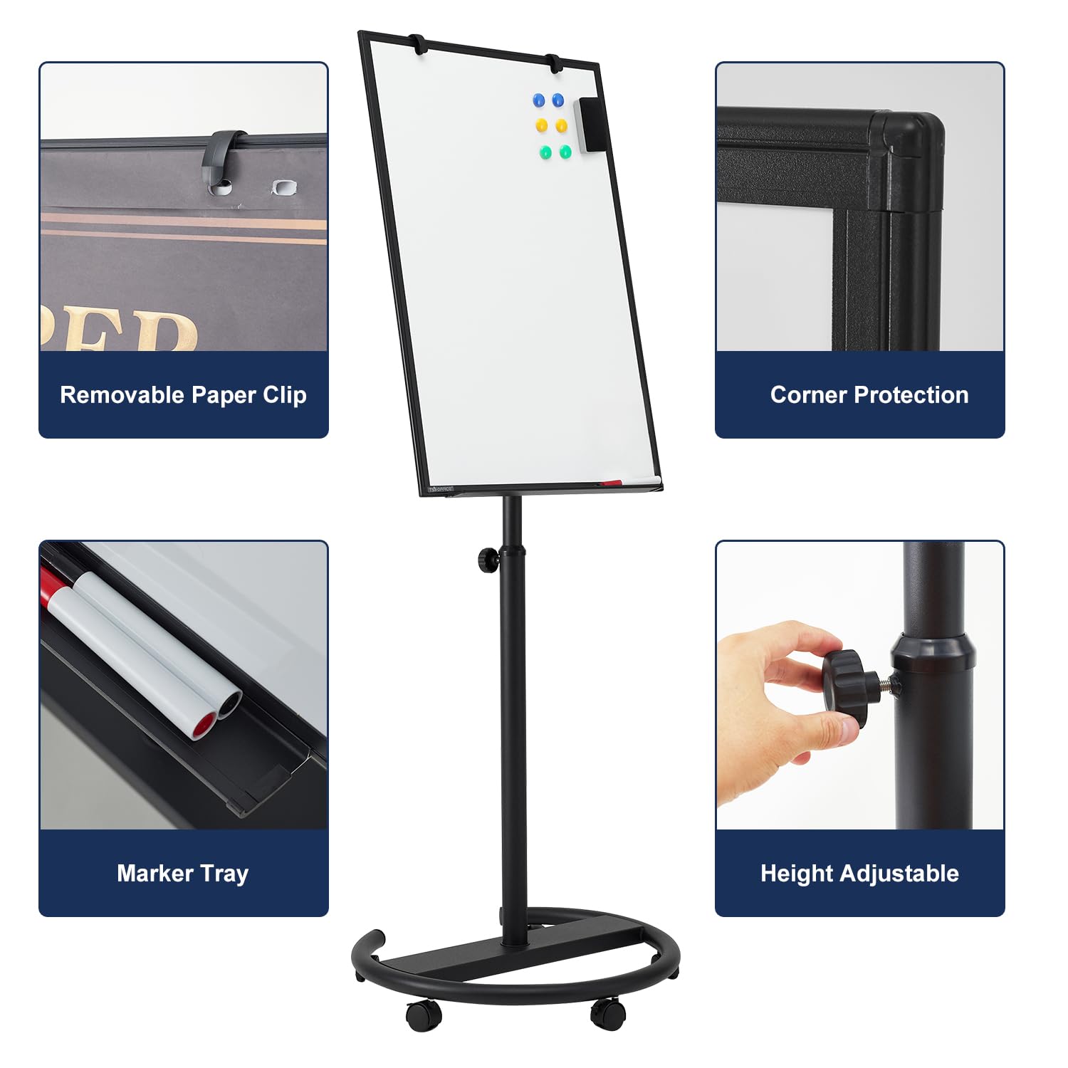 TSJ OFFICE 36x24 Inches Magnetic Dry Erase Whiteboard - Adjustable Height Rolling Mobile Whiteboard with Wheels & Flip Chart Hooks, Black - Perfect for Office Meetings, Classroom Presentations & Home Office Organization