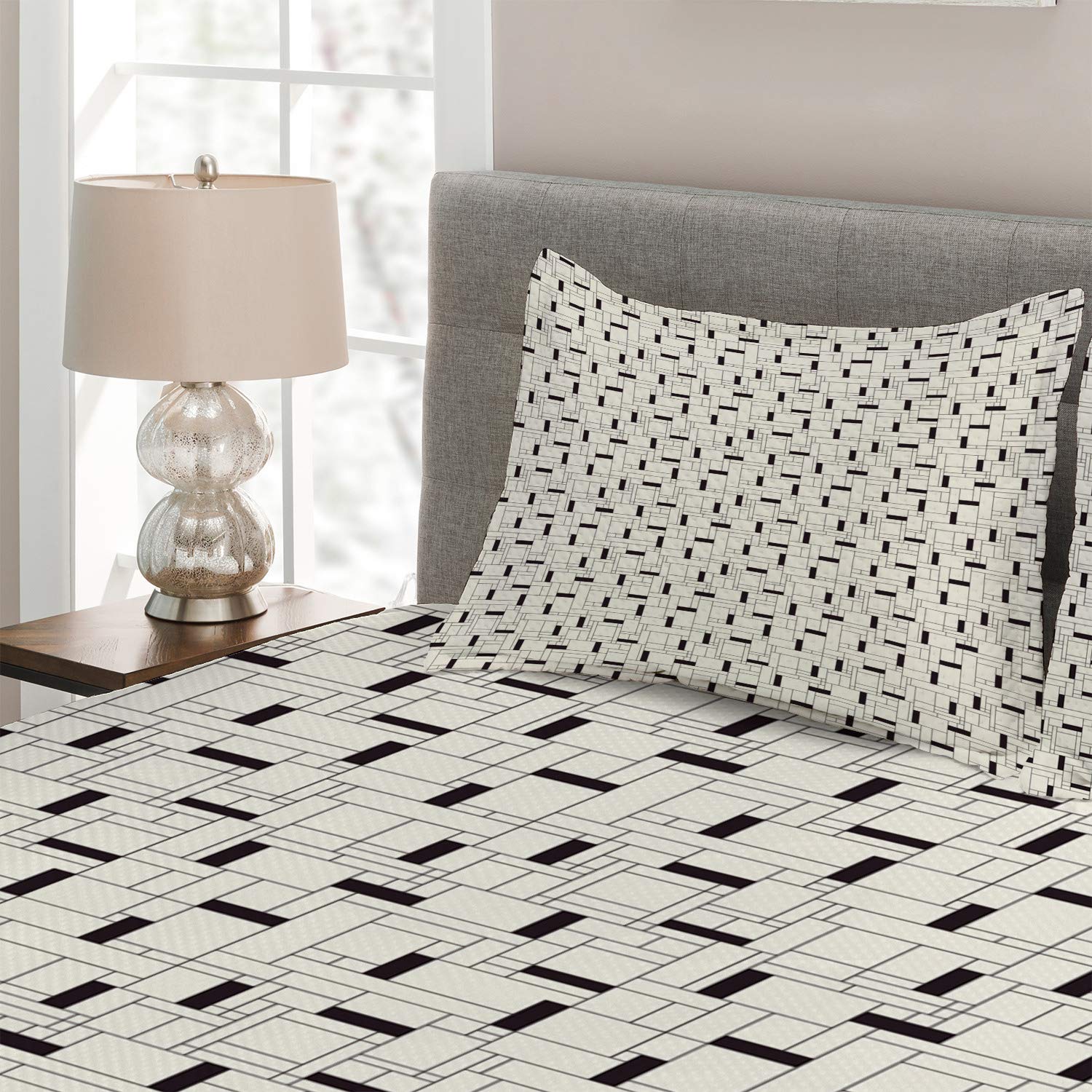 Ambesonne Geometric Quilt Set - Modern Grid Pattern with Rectangular Shapes, 3-Piece King Size Bedspread with 2 Pillow Shams in Ivory & Charcoal Grey | Contemporary Bedroom Decor for Master & Guest Rooms