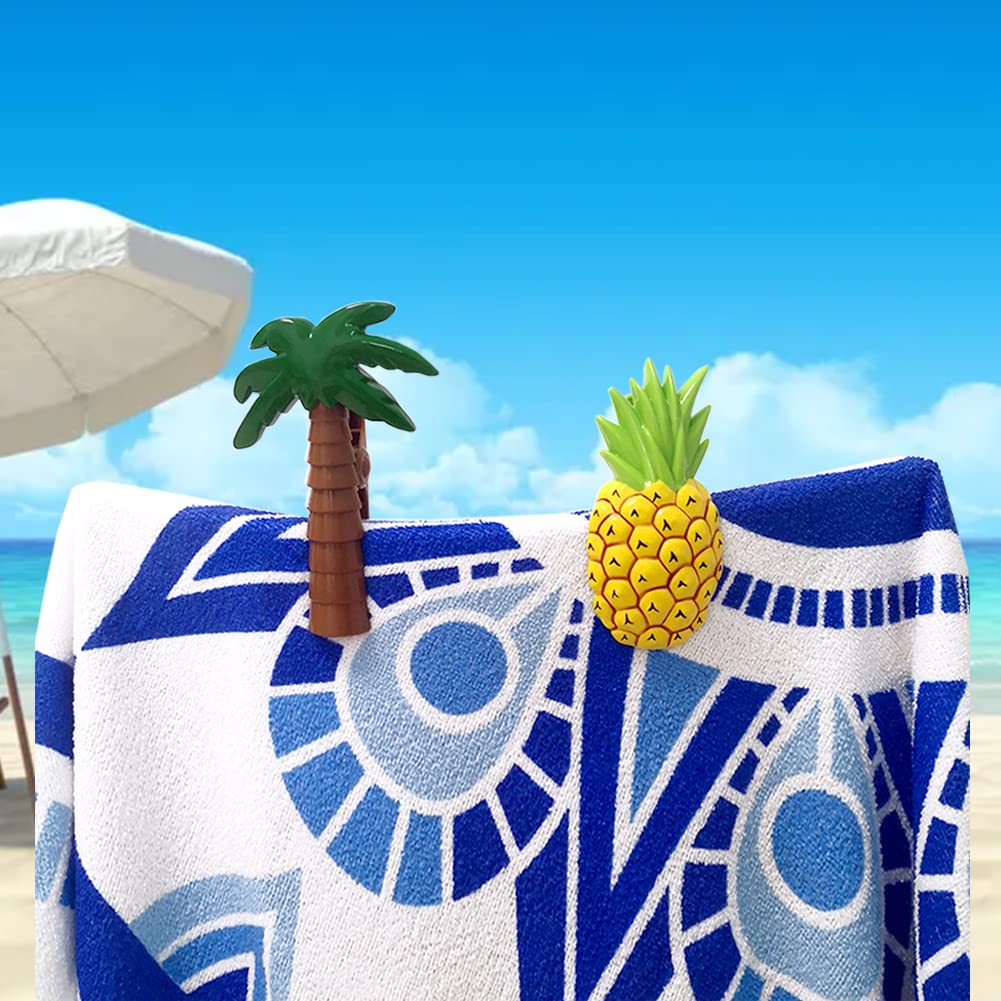 4 Pack Large Plastic Beach Towel Clips - Palm Tree & Pineapple Design - Strong Clothespins for Hanging Towels on Beach Chairs, Pool Loungers & Cruise Chairs - Perfect for Vacation, Swimming & Outdoor Relaxation