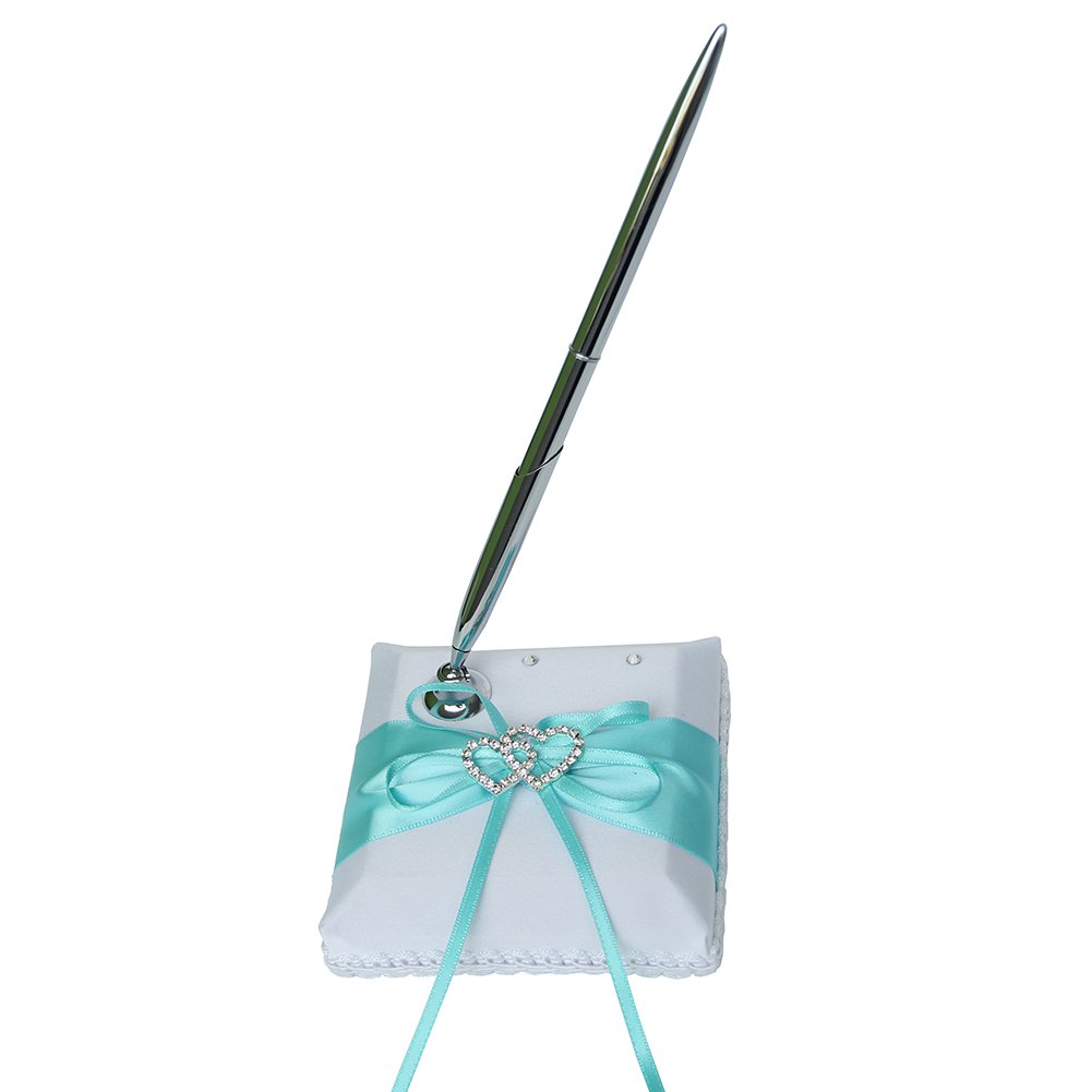 Elegant Guest Book and Pen Set Holder - Hardcover with Satin Ribbon Bow & Rhinestone Heart for Rustic Weddings, Parties, Events - Aqua Blue, 72 Pages | Perfect for Wedding Guest Books, Anniversary Signatures & Special Occasion Keepsakes