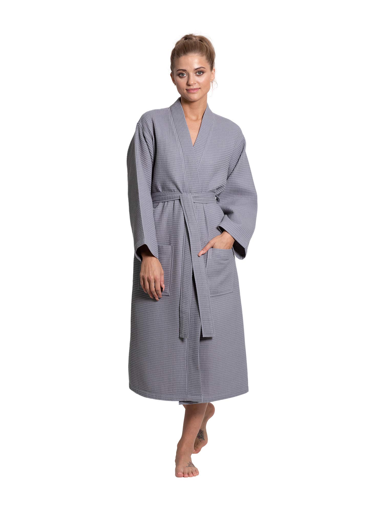 Premium Turquoise Linen & Cotton Blend Lightweight Long Waffle Kimono Robe for Women - Soft Bathrobe, Spa Cover-Up, Loungewear for Relaxation at Home or Beach Vacation