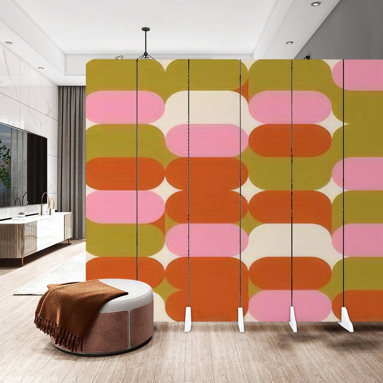 Mid Century Geometric Abstract Canvas Room Divider Screen - 6 Panel Folding Privacy Partition for Bedroom, Office & Living Room | Seamless Room Separator & Wall Decor