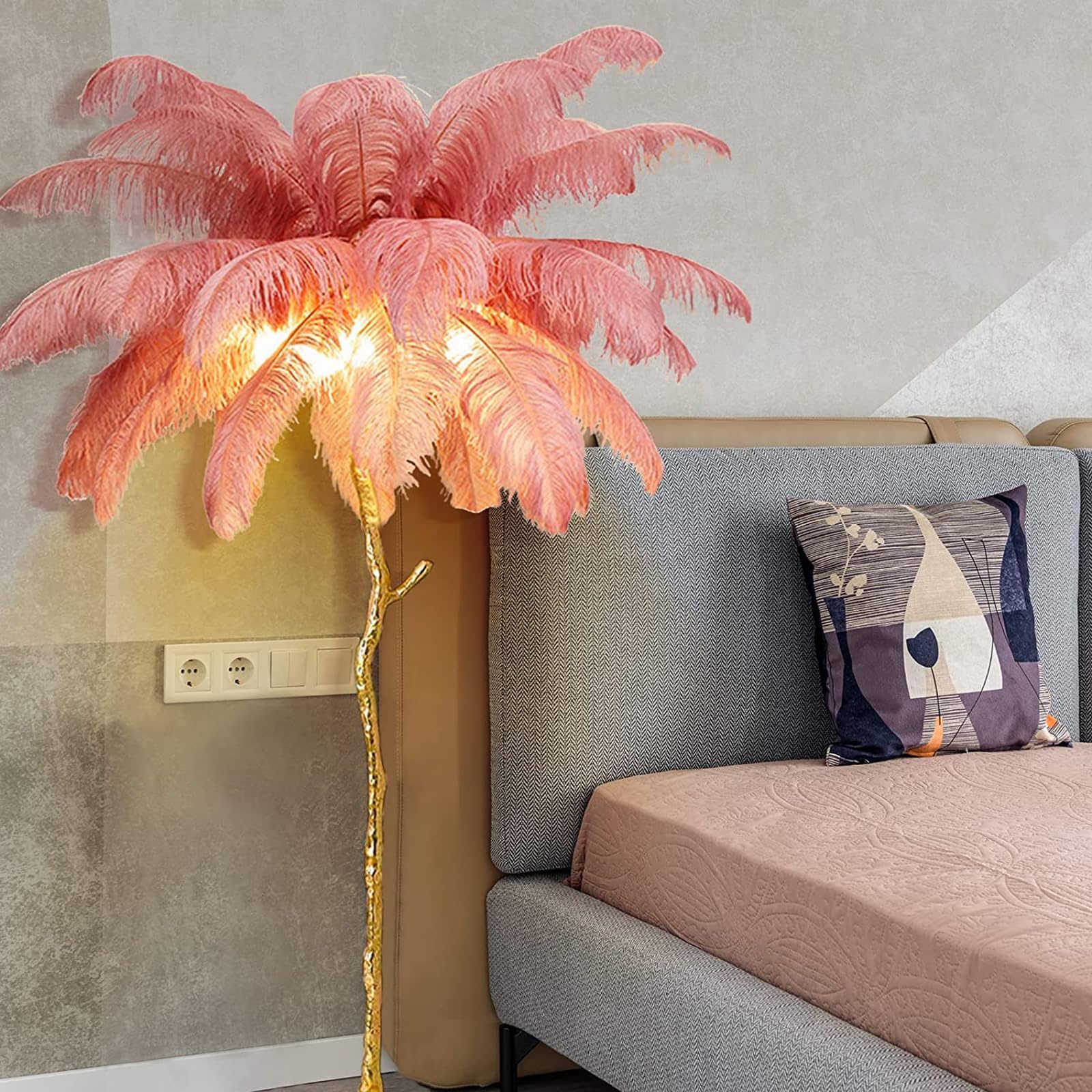 Natural Ostrich Feather Floor Lamp - Modern LED Dimmable Standing Light with Adjustable Brightness, Romantic Princess Style Bedroom Reading Lamp, Tall Corner Light for Living Room, Dining Room & Office (120cm, Pink) | Perfect for Cozy Nights, Home Decor & Ambient Lighting
