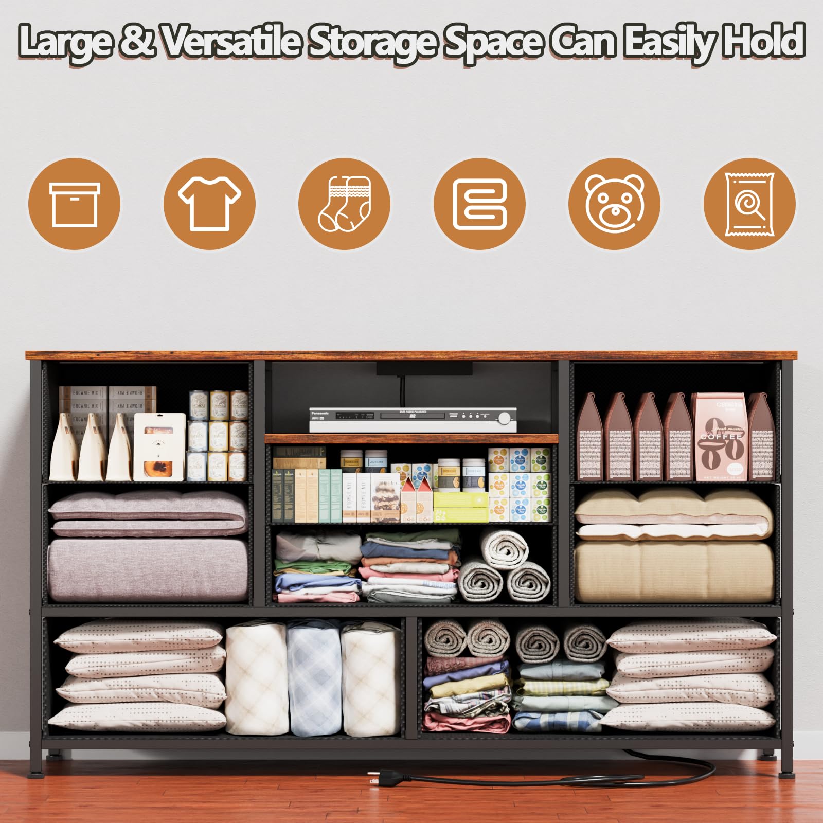 Industrial Rustic Brown 8-Drawer Dresser TV Stand with Power Outlets & Wood Top - Wide Storage Chest for Bedroom, Living Room & Closet Organization | Perfect for Small Spaces & Home Office Setup