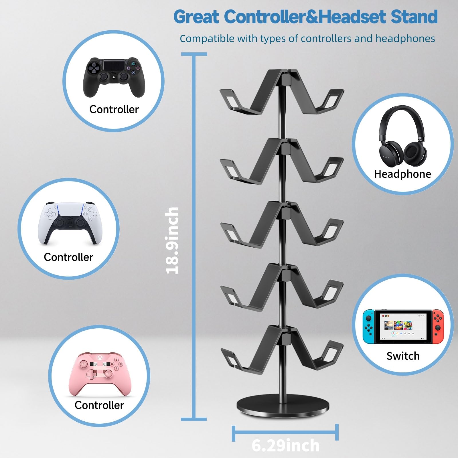 5-Tier Universal Controller Stand & Headphone Holder - Organize Gaming Headsets & Controllers - Durable Black Design for Gaming Setup & Desk Organization