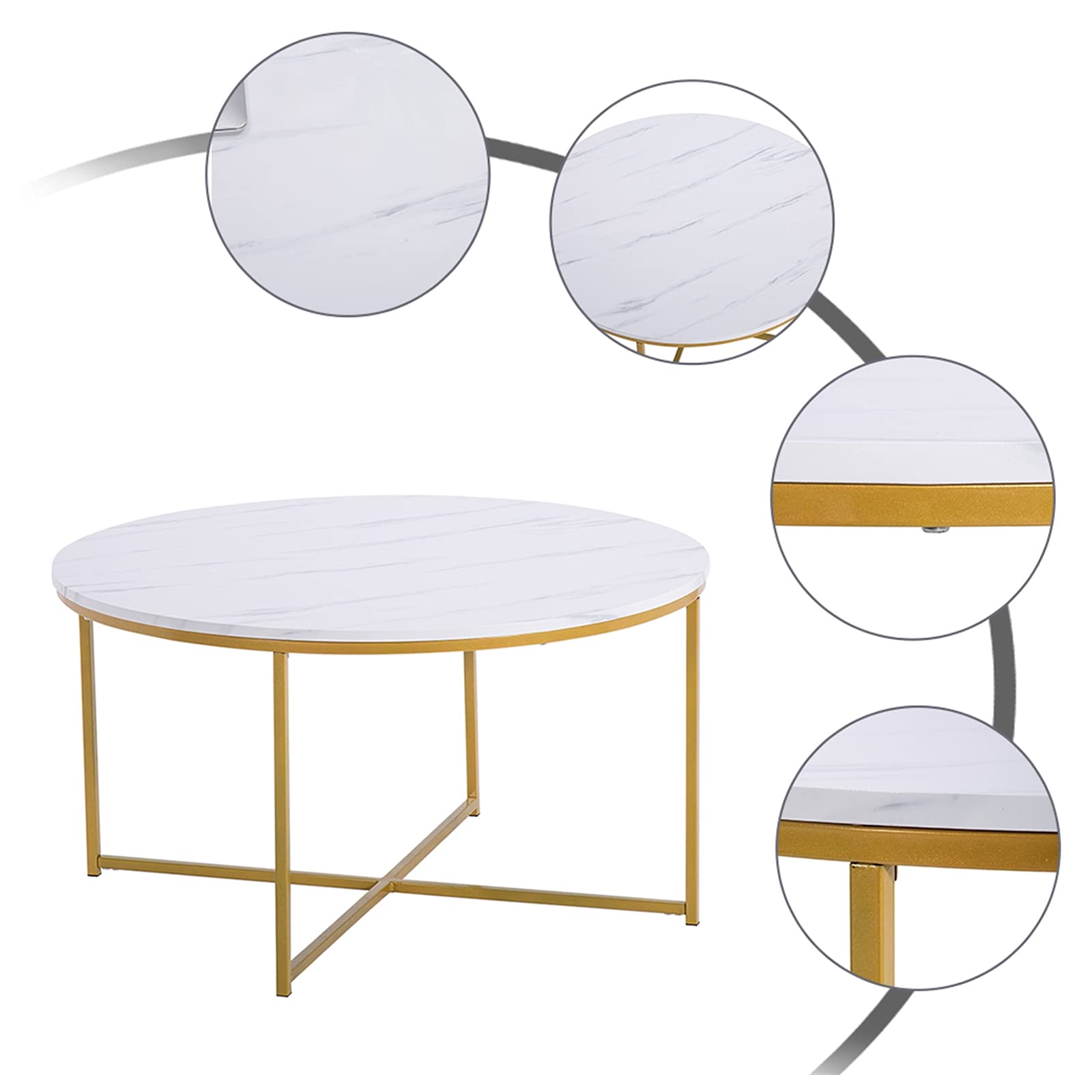 White Marble Round Coffee Table with Golden Metal X-Shaped Base - 35 Inch Modern Living Room Table with Smooth Surface & Cross Foot Design - Perfect for Small Spaces, Apartments & Home Decor (GC983125874)