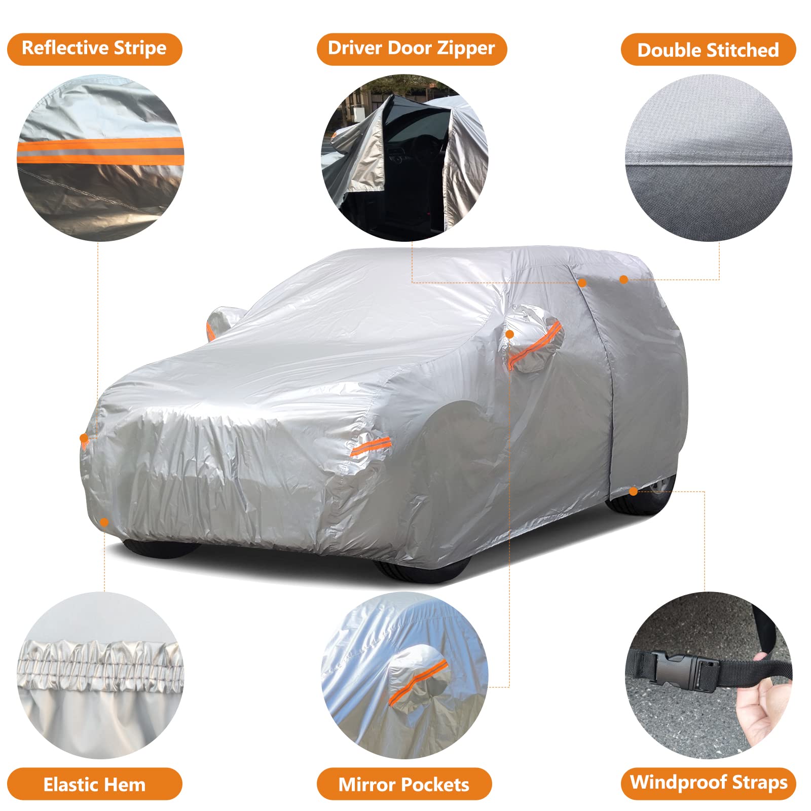 SEAZEN Waterproof SUV Car Cover - All Weather Protection for Hail, UV, Snow & Wind - Breathable Oxford Fabric with Zipper Door - Universal Fit (191