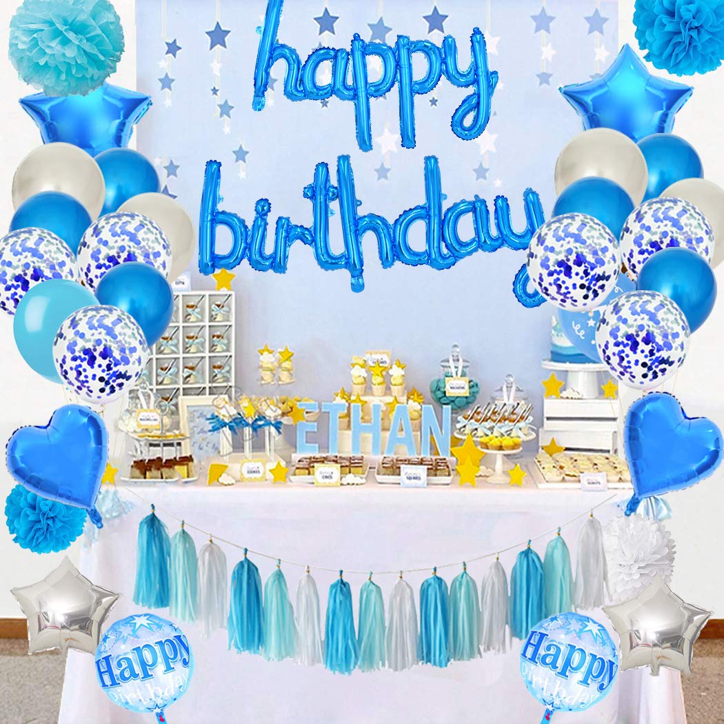 BEISHIDA 16 Inch Blue Happy Birthday Mylar Foil Balloons & Banner Set - Ocean Theme Party Decorations for Kids & Adults - Perfect for Birthday Celebrations, Baby Showers & Graduation Parties