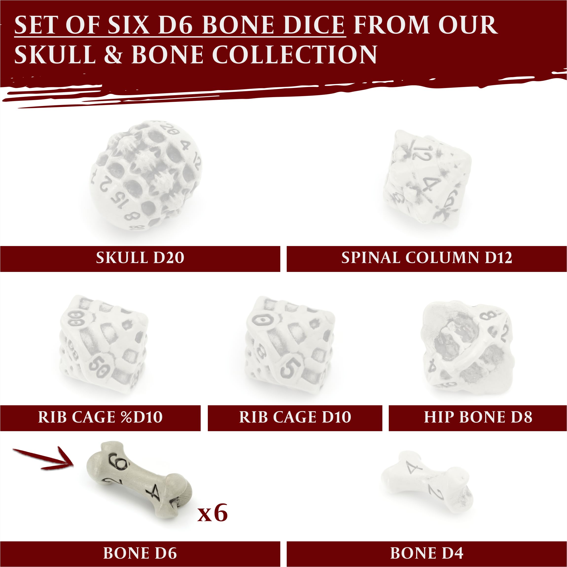 D6 Dice Set - 6 Sided RPG Dice with Skull & Bone Design for Dungeons & Dragons, Warhammer, Pathfinder - Unique White Bone Themed Gaming Accessories - Perfect for Tabletop Games, Role Playing, Board Games & Gifts