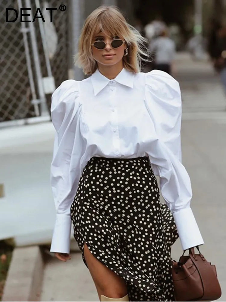 DEAT Fashion Women's Long Sleeve Puff Sleeve Lapel Single Breasted White Cotton Blouse - Elegant Office Wear & Autumn Casual Shirt for Women (Style 7AB1171) | Perfect for Work, Dating and Fall Outfits