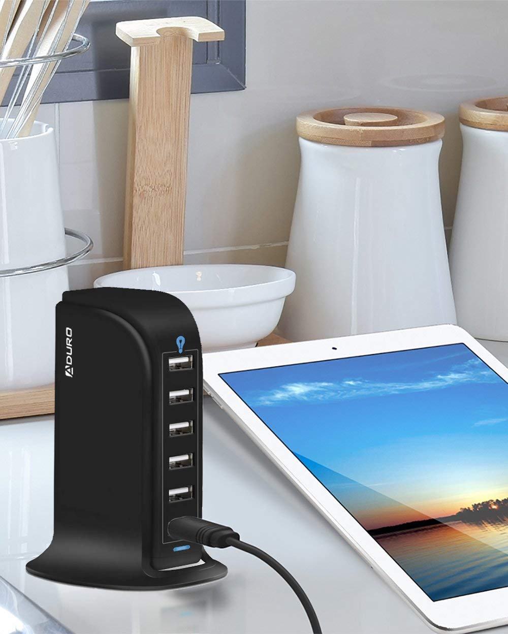 Aduro 40W 6-Port USB Desktop Charging Station with U-Light LED Desk Lamp - Wireless Charger, Dimmable Eye-Caring Light for Home Office, Bedroom & Nightstand (Black) - Fast Charging Hub & Stylish Desk Organizer
