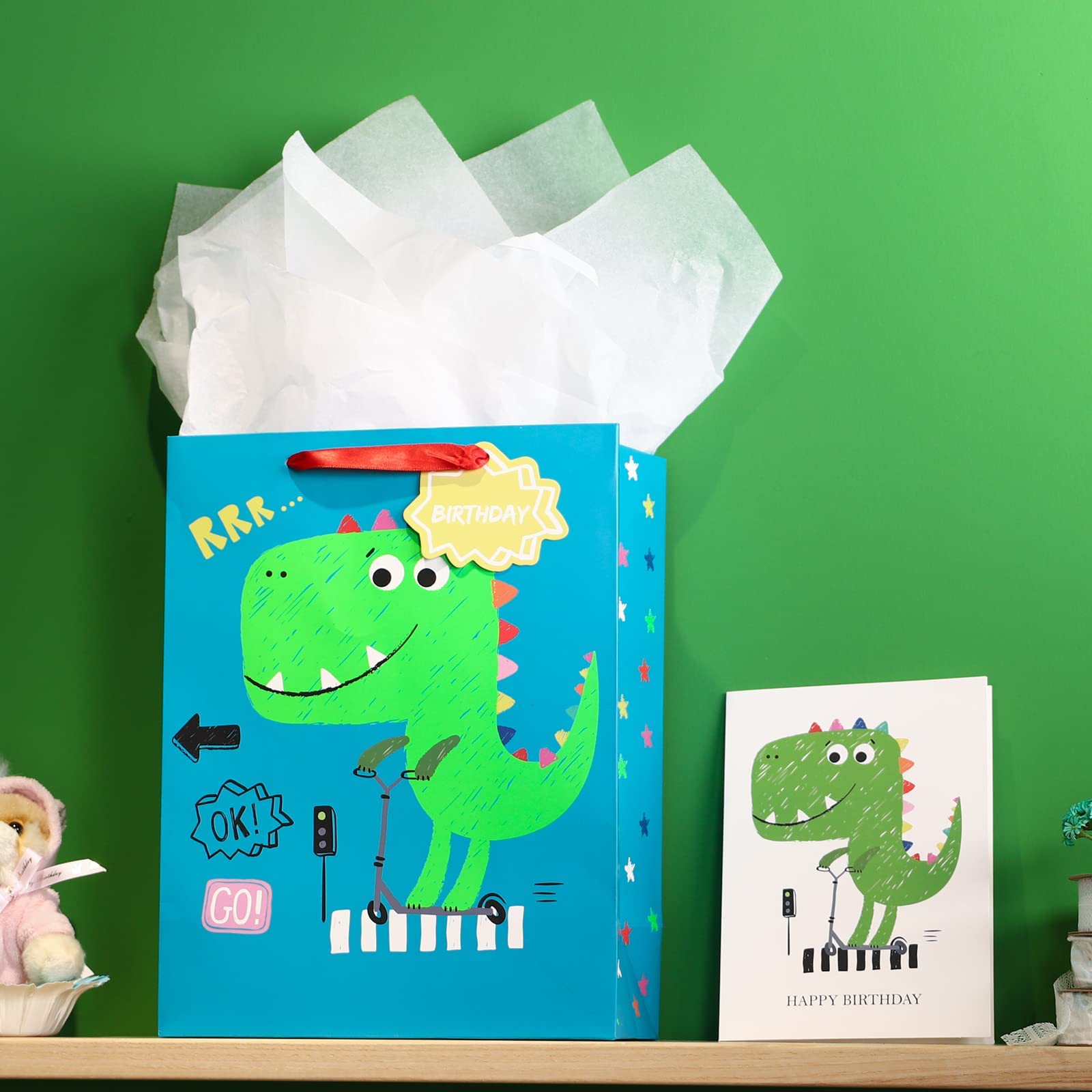 MAYPLUSS 13 Inch Large Dinosaur Themed Gift Bag for Boys - Includes Birthday Card & Tissue Paper | Perfect for Baby Showers, Birthday Parties, Newborn Gifts & Special Occasions | Great for School Events, Holiday Presents & Celebration Decorations