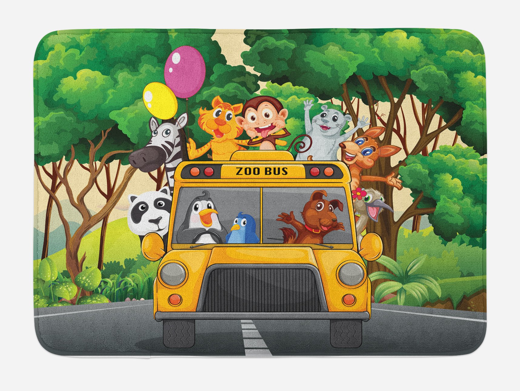 Ambesonne Non-Slip Plush Bath Mat - Zoo Animals Balloons Bus Travel Wilderness Scenery Print, 30.2 x 20 Inches, Green Mustard - Soft Bathroom Rug for Kids & Adults, Perfect for Bathroom Decor and Floor Safety