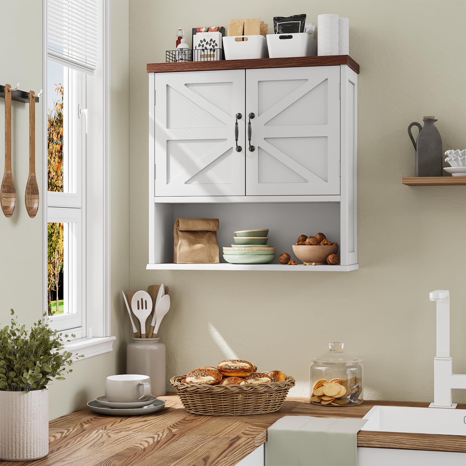 Farmhouse Wall Mounted Bathroom Medicine Cabinet with Adjustable Shelf - Rustic Storage for Bathroom, Living Room & Laundry Room - Perfect for Organizing Toiletries, Cosmetics & Cleaning Supplies