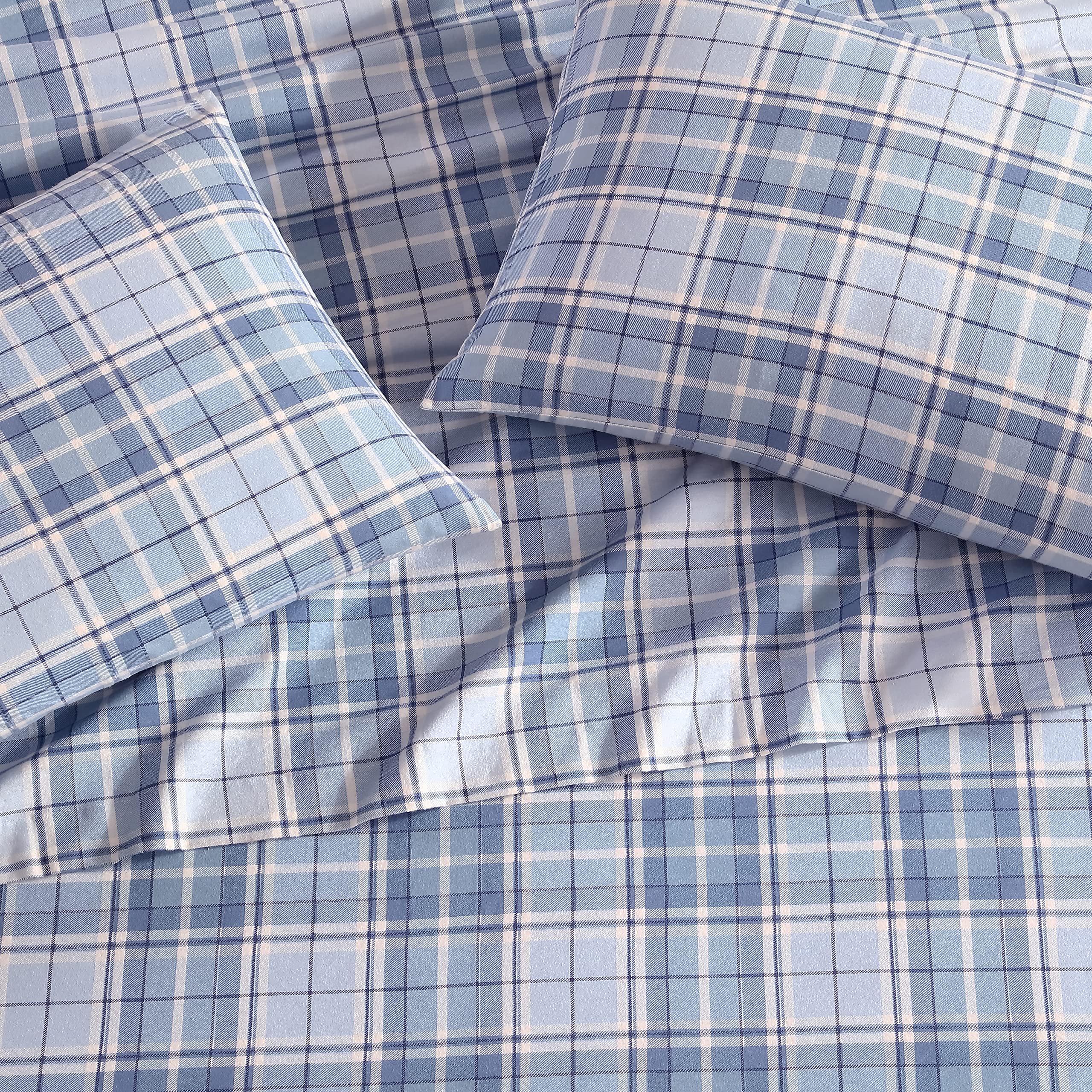 Laura Ashley King Sheet Set - 100% Cotton Flannel Bedding | Ultra Soft Brushed Finish | Mulholland Plaid Blue Design | Perfect for Winter Nights & Cozy Bedrooms