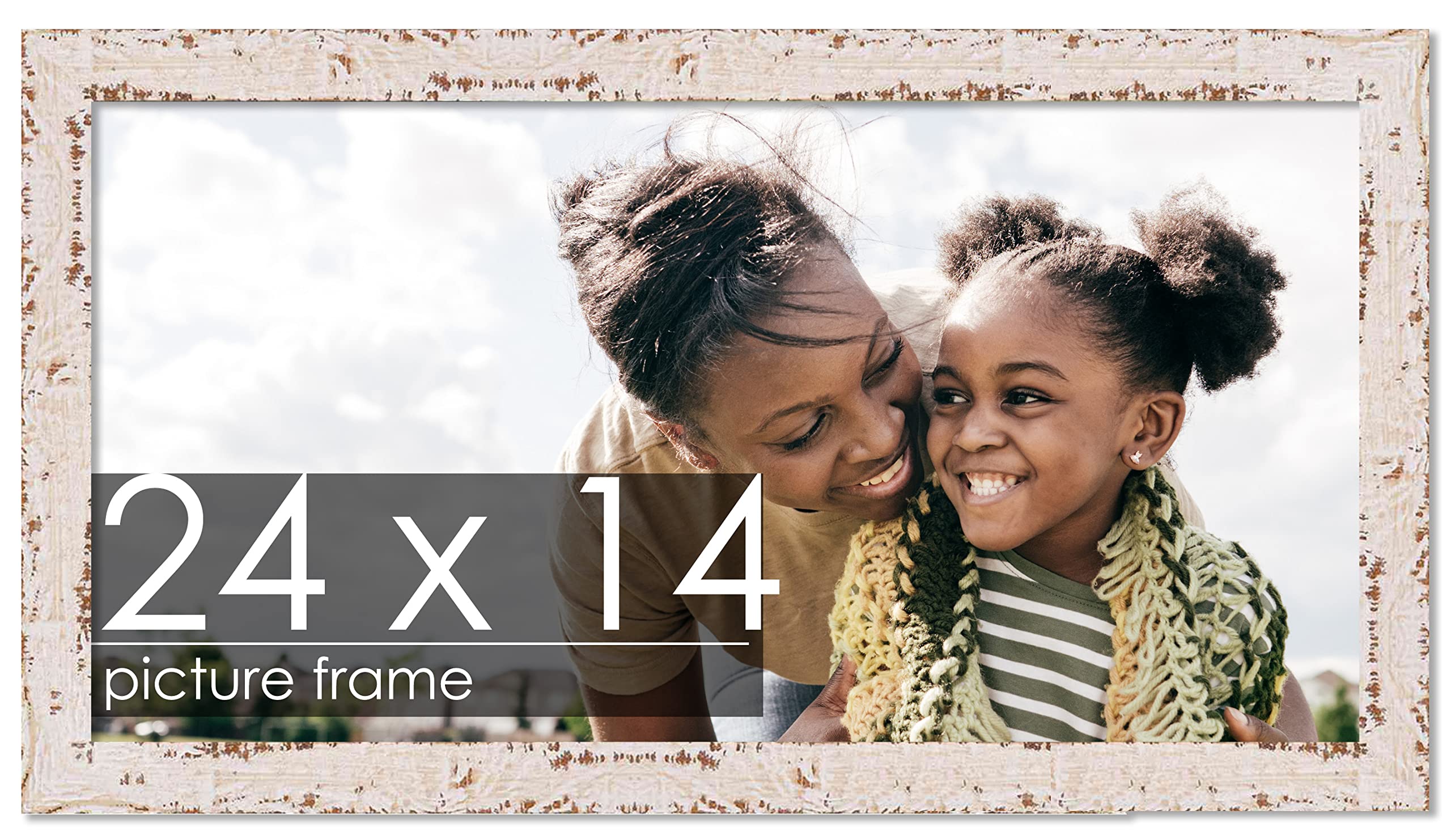 Shabby Chic White Wood Picture Frame 14x24 Inch - Farmhouse Style Wall Art Display with UV Acrylic Front, Foam Board Backing & Hanging Hardware - Perfect for Living Room, Bedroom or Office Decor