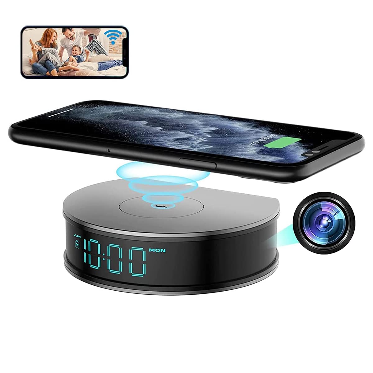 LIZVIE Hidden Camera Clock with 15W Wireless Charger - 1080P HD Spy Camera with 160° Wide Angle, Night Vision & Motion Detection - Nanny Cam for Home Security, Office Monitoring & Outdoor Surveillance