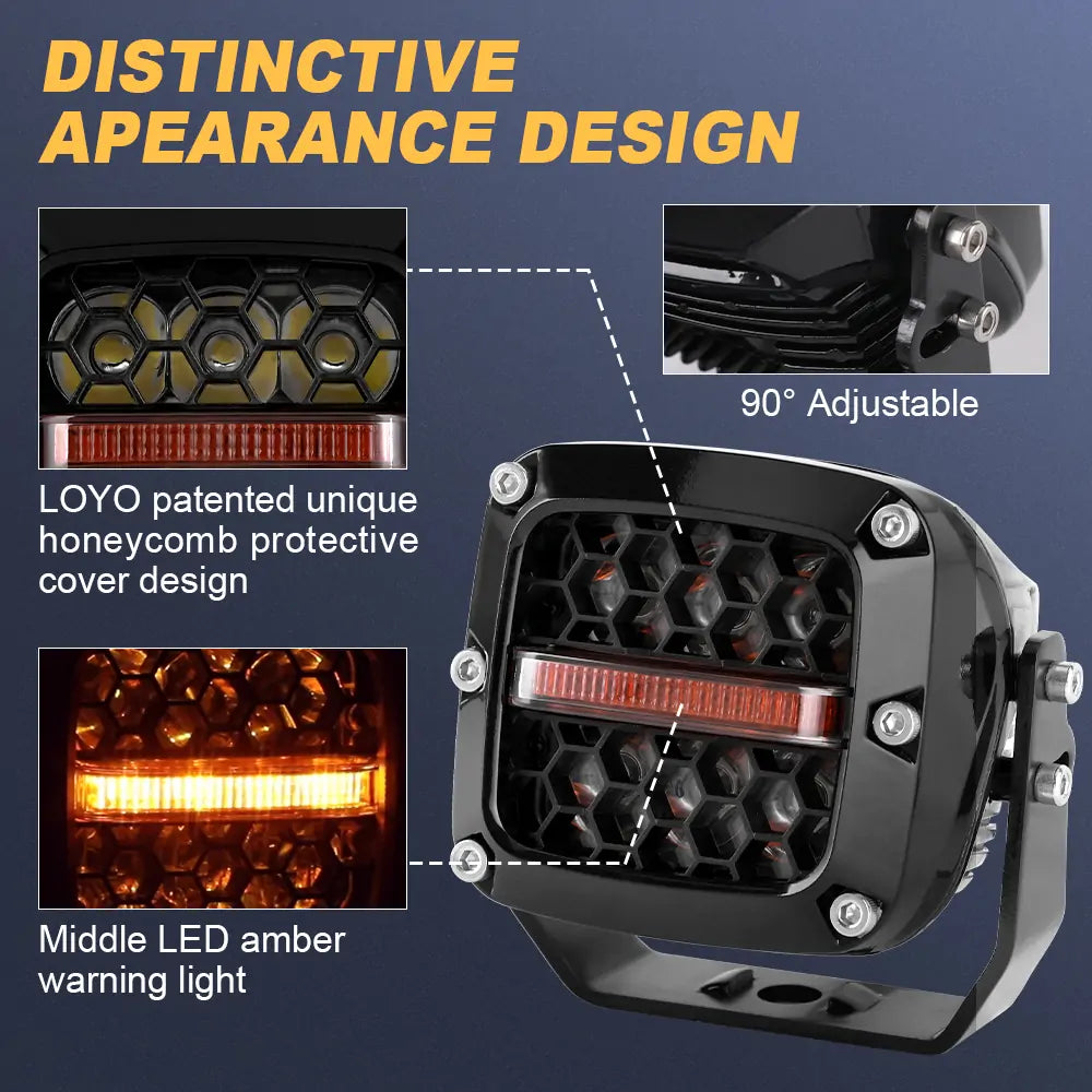 60W LED Cube Lights Amber Warning Light for Pickup Truck, Jeep, ATV, UTV, Motorcycle - Durable Black Off-Road Lighting for Emergency, Work Zone & Trail Safety