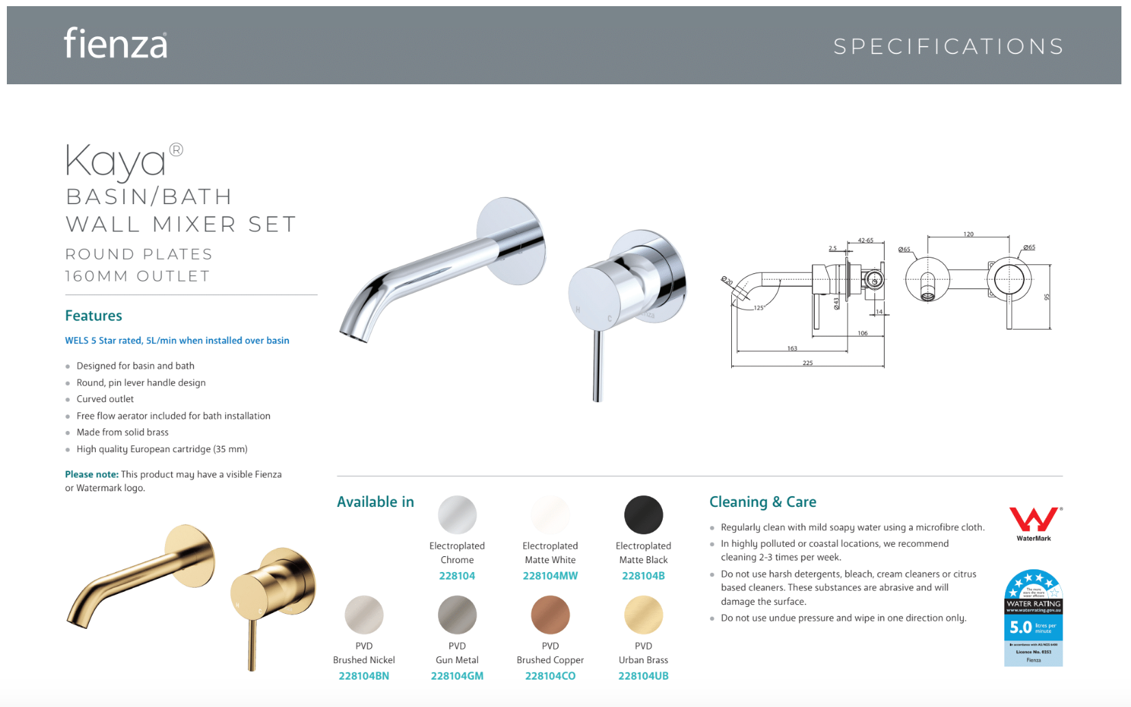 Fienza Kaya D228104UB Wall Mounted Basin/Bath Mixer Tap with 160mm Round Plate in Urban Brass Finish - Perfect for Modern Bathrooms and Spa-Like Showers
