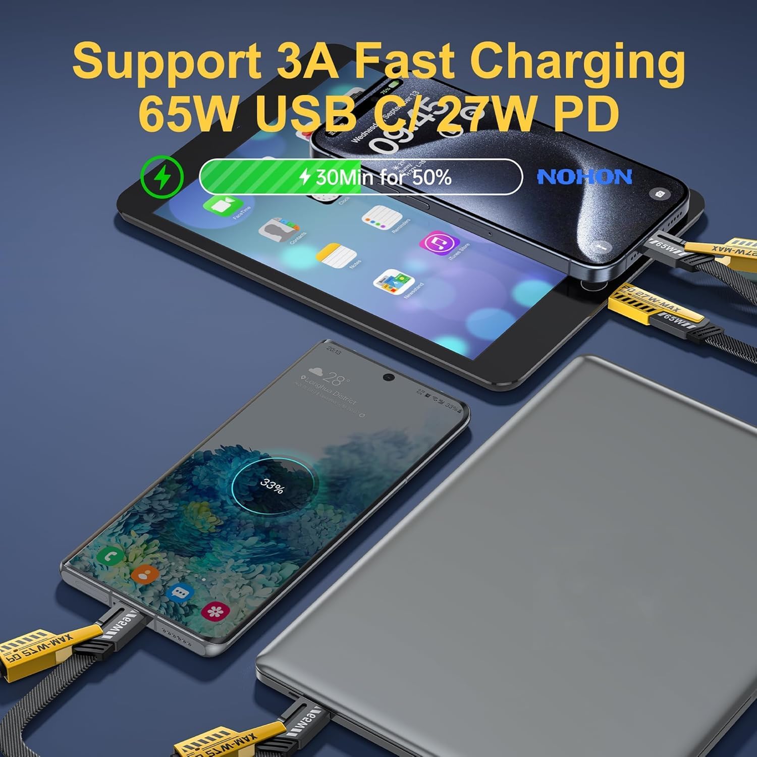 4 in 1 Multi Charging Cable - 1M Nylon Braided Fast Charger with USB C to Lightning & USB A to Type C - Compatible with iPhone 15/14/13, Samsung Galaxy, iPad - 65W PD Fast Charging for Home, Office & Travel