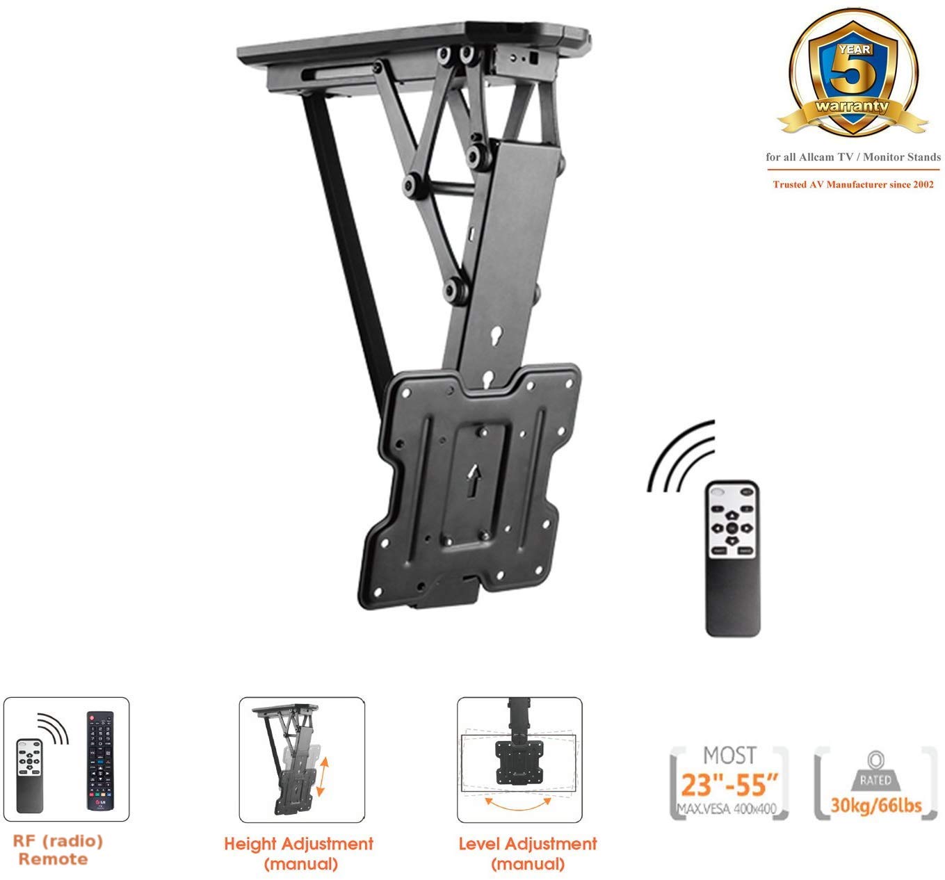 Allcam ECM522A Electric Motorized TV Ceiling Mount Bracket - 6° Tilt & Height Adjustable for 23-43