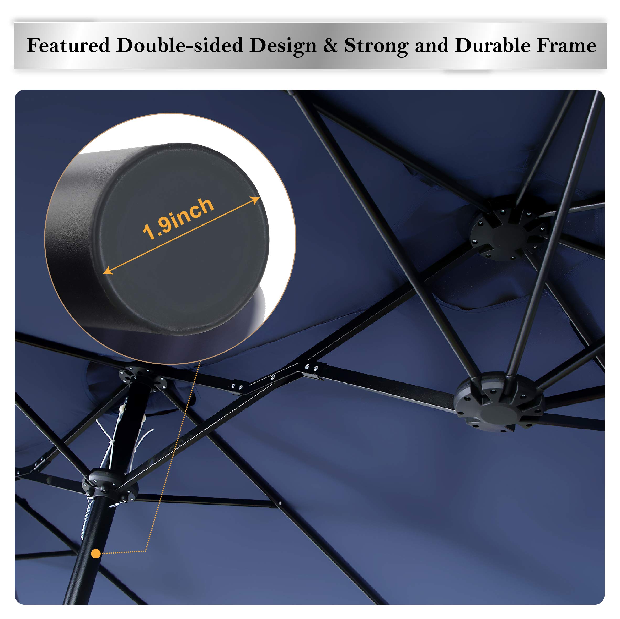 PHI VILLA 15ft Double-Sided Patio Umbrella with Base - Navy Outdoor Shade for Pool & Garden