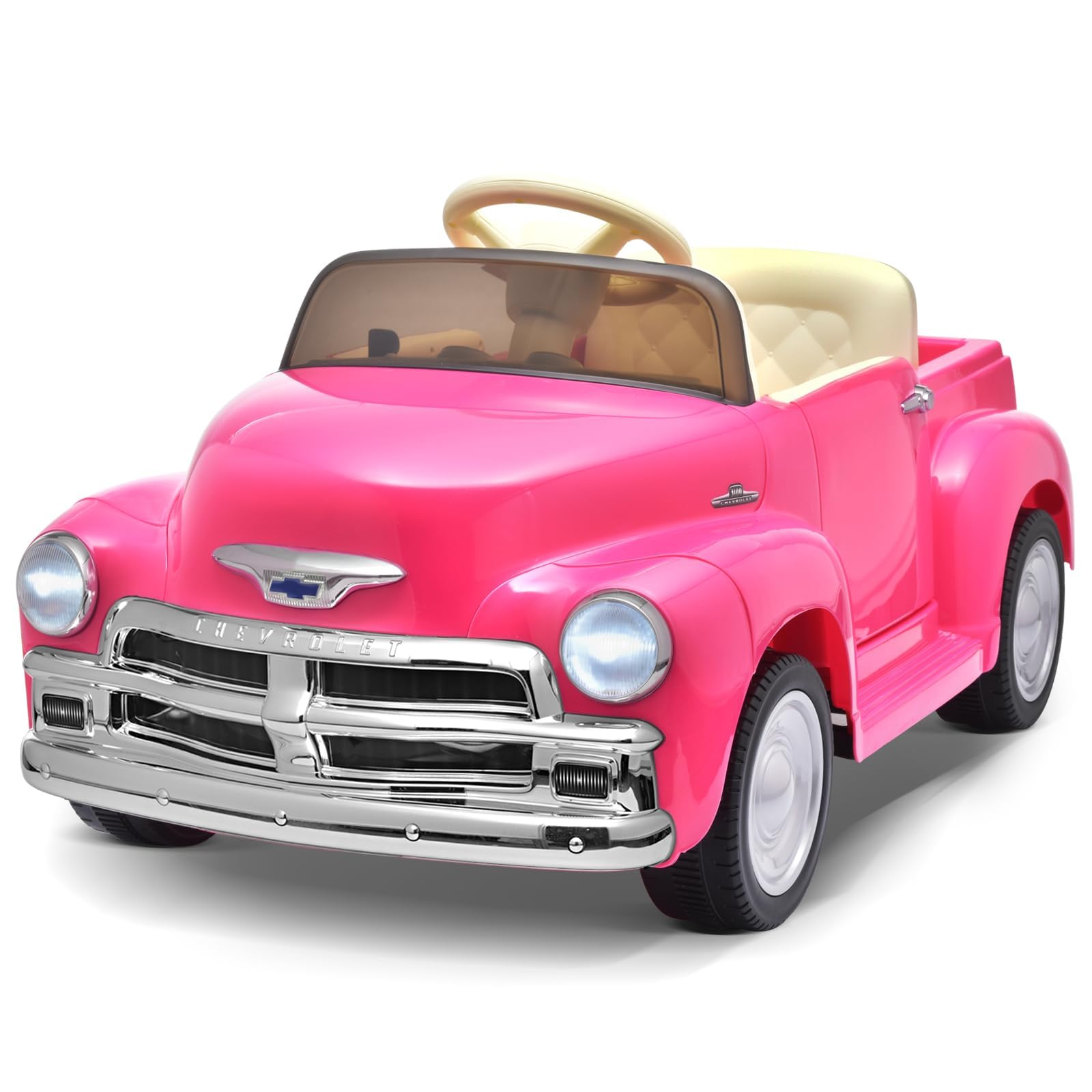 Joywhale 12V Kids Ride on Car - Licensed Chevrolet 3100 Pickup Electric Toy Vehicle with 7AH Battery, 2.4G Remote Control, 3 Speed Modes, Music & Storage | Retro Style Pink Battery-Powered Motorized Car for Boys & Girls | Perfect for Birthday Gifts, Outdoor Play & Backyard Fun