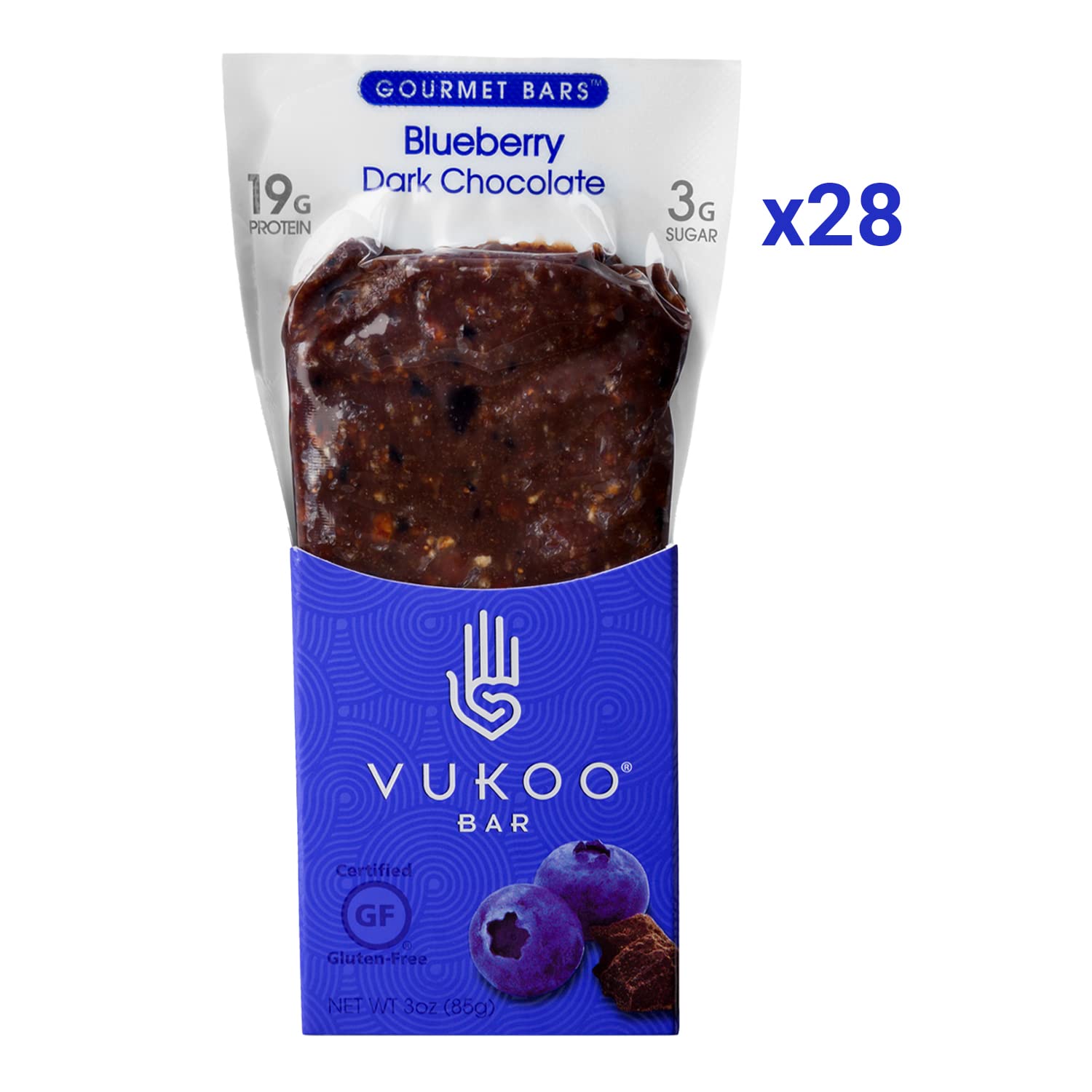 Vukoo Refrigerated Protein Bars - Blueberry Dark Chocolate Flavor (28 Pack) | 19g Protein, Organic Oats, Low Sugar, High Fiber, Gluten Free | Healthy Snack for Workouts, Hiking & On-the-Go Nutrition
