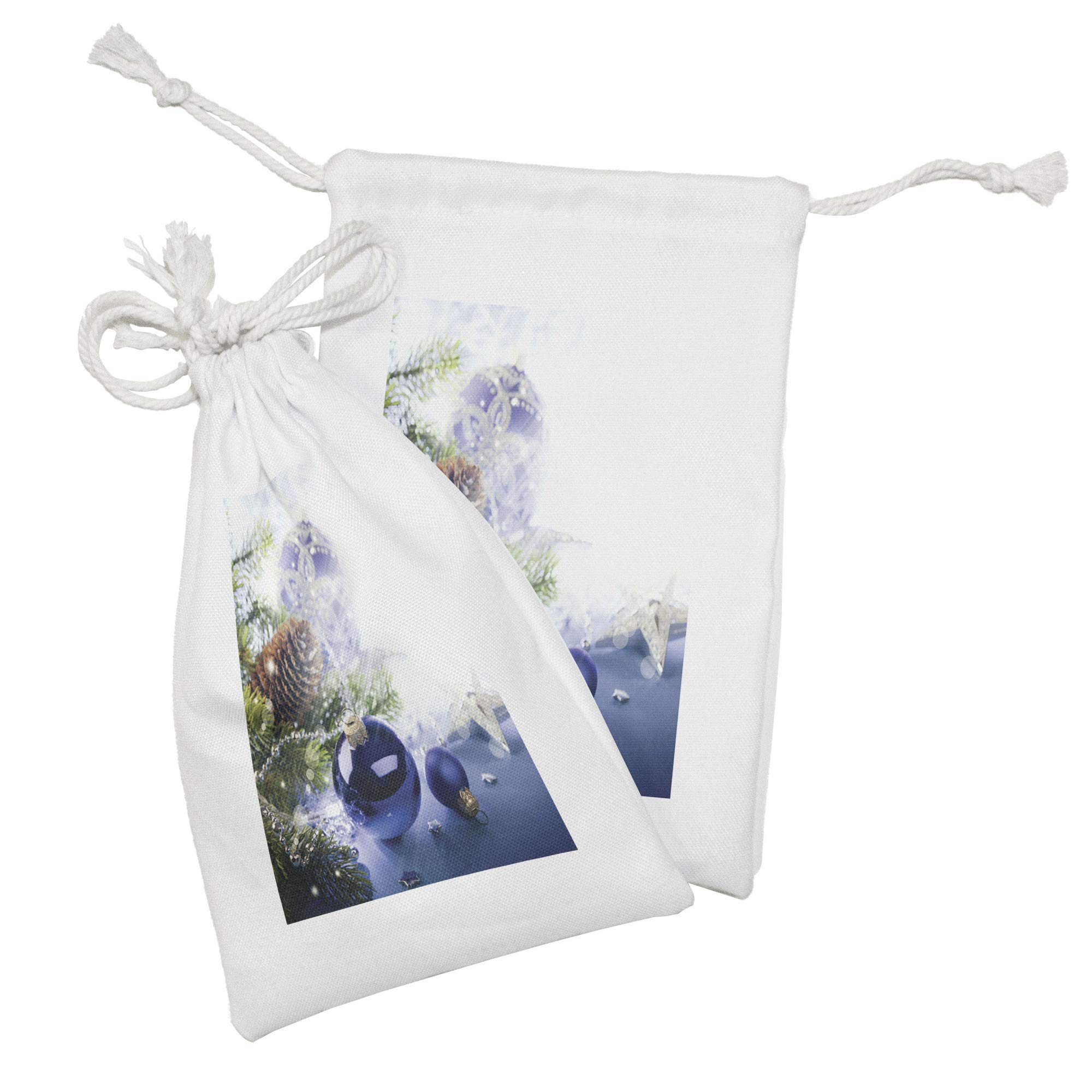 Ambesonne Christmas Fabric Pouch Set of 2 - Blue Holiday Ornament Print Drawstring Bags for Toiletries, Masks & Party Favors (9