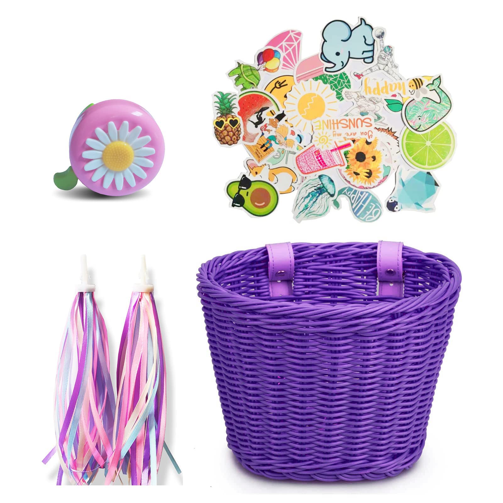 **Purple Bike Basket for Girls - Kids Bicycle Wicker Basket Set with Colorful Streamers, Bell & Stickers - Perfect for Decorating & Gifting - Ideal for School, Park Rides & Outdoor Adventures**