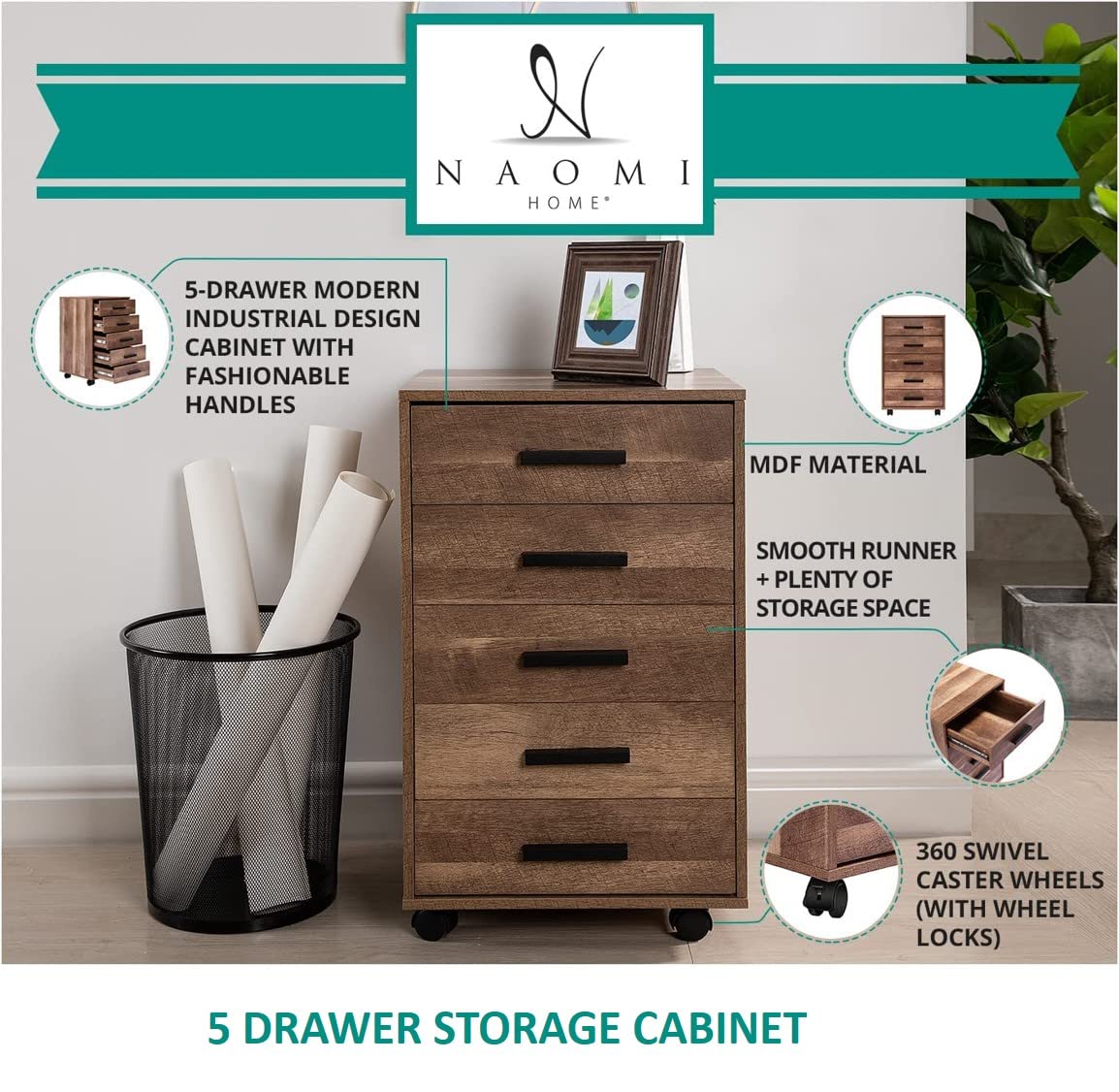 Naomi Home 5-Drawer Rolling Under Desk Storage Cabinet with Shelf & Wheels - Walnut Wood Desk Organizer for Office, Home, or Dorm Room - Perfect for Files, Supplies & Stationery Storage