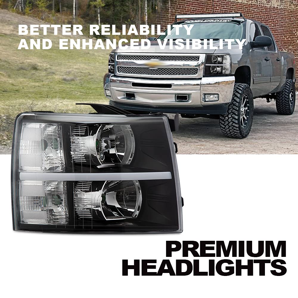 LED DRL Headlight Assembly Replacement for 2007-2013 Chevy Silverado - Clear Lens Black Housing with Clear Reflector - Left & Right Pair - Perfect for Night Driving & Off-Road Adventures