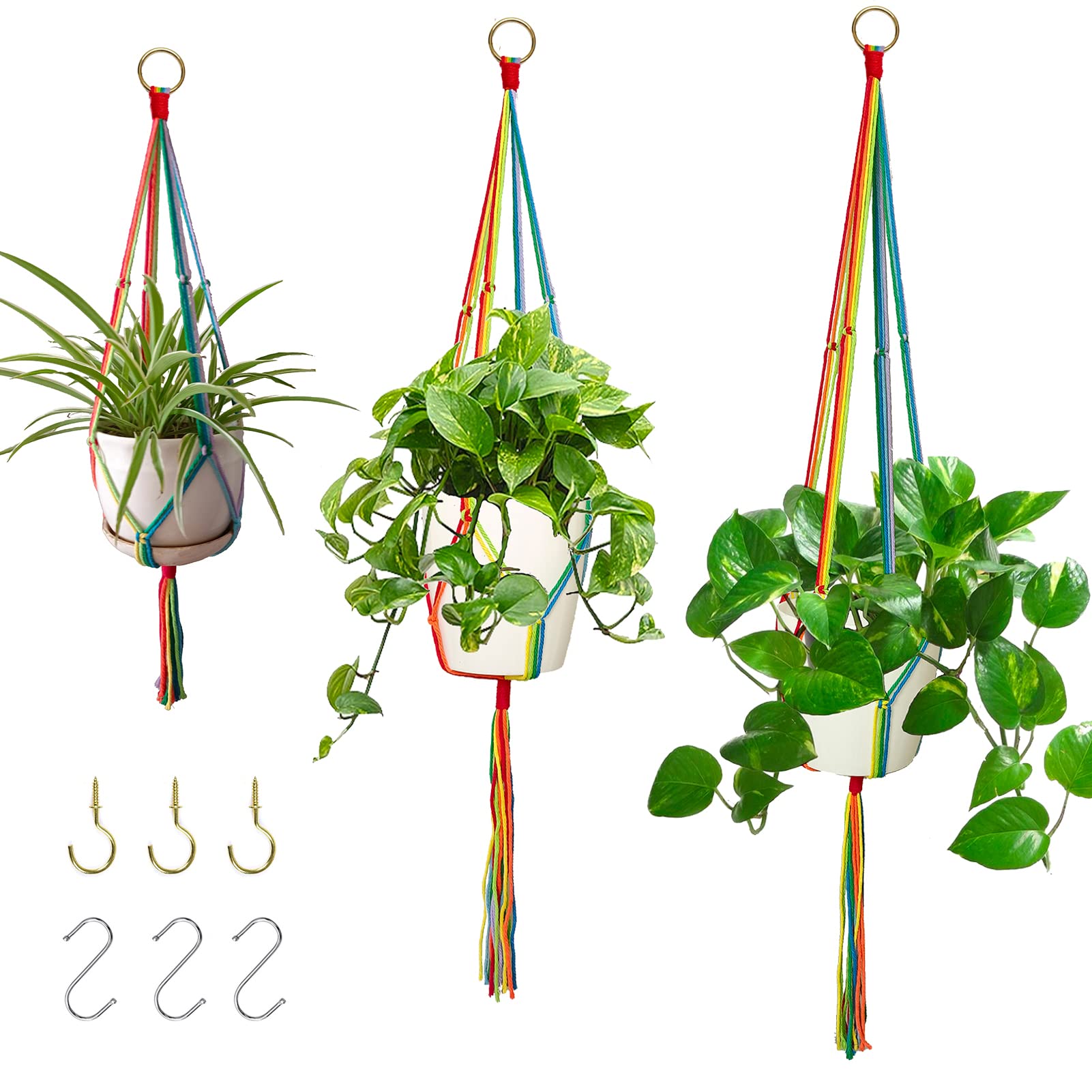 Rainbow Macrame Plant Hangers for Indoor & Outdoor Use - 3 Pack Boho Flower Pot Holders in Different Sizes - Hanging Plant Decor for Windows, Garden, Balcony, Living Room & Bedroom