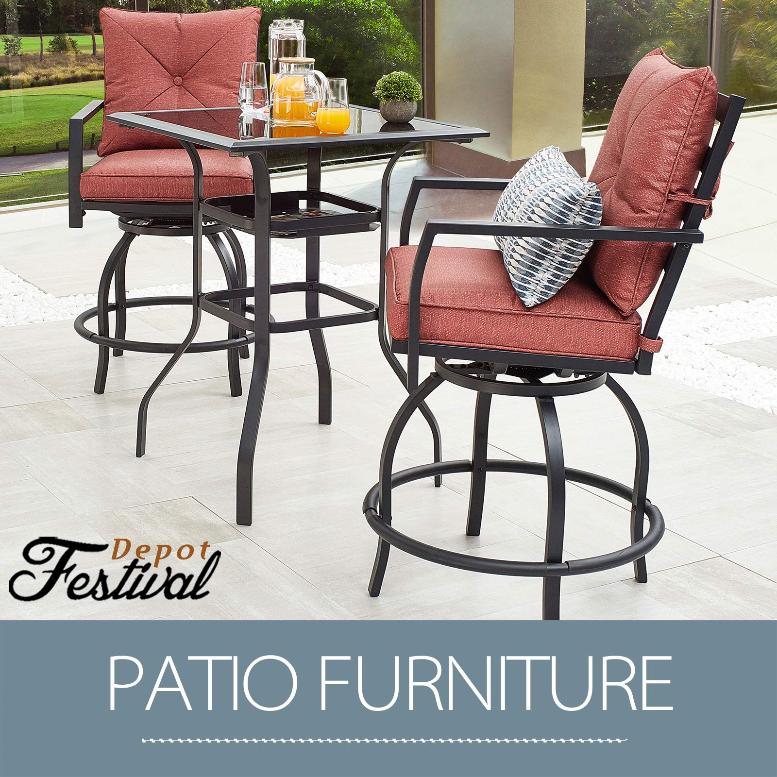 360° Swivel Patio Dining Set with Cushions - 3-Piece All-Weather Metal Outdoor Furniture (Bar Height Stools & Bistro Table) for Garden, Deck, Poolside - Perfect for Backyard BBQs, Outdoor Entertaining & Relaxing (Red)