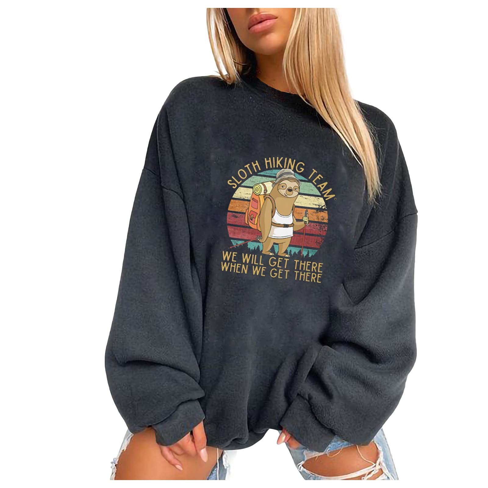 LBJTAKDP Funny Sloth Graphic Tee for Women - Cute Slouchy Long Sleeve Crewneck Sweatshirt - Perfect for Hiking, Spring Outfits & Casual Wear