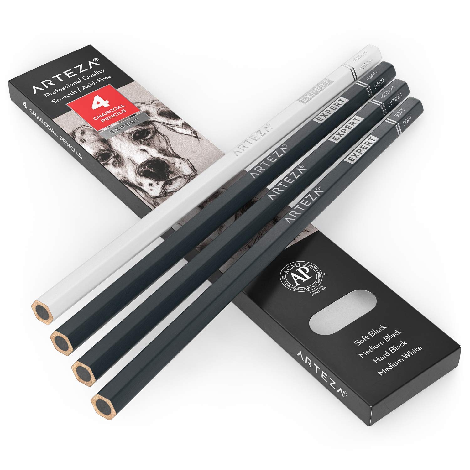 ARTEZA Charcoal Pencils Set - Soft, Medium, Hard & White for Drawing & Sketching - Perfect for Artists & Beginners