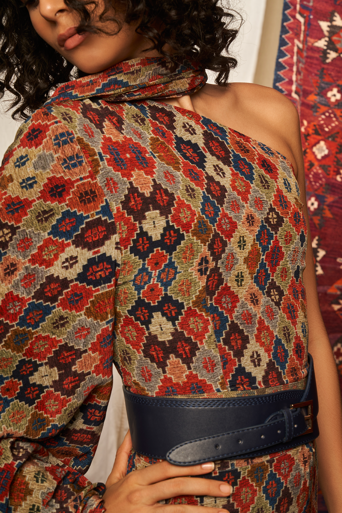 Stylish Brick Print One Shoulder Top with Sari Drape - Trendy Women's Fashion for Party, Club & Evening Wear