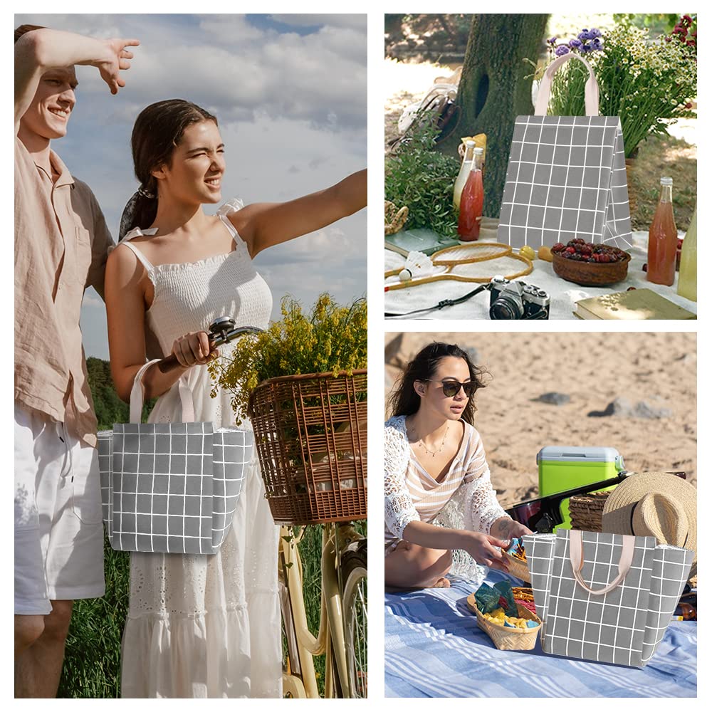 **HOMESPON Reusable Insulated Lunch Bag with Aluminum Foil - Eco-Friendly Canvas Lunch Box for Women & Men - Office, School, Picnic, Travel - Grey Plaid Design**