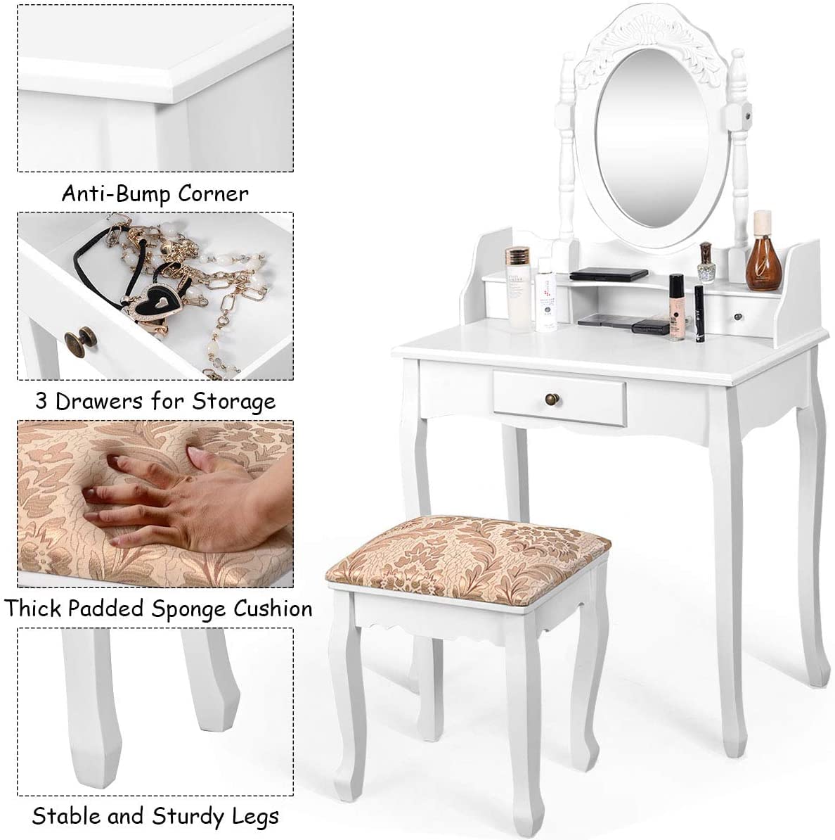 Byroce Vanity Desk Set with Oval Mirror & Cushioned Stool - White Makeup Dressing Table with 3 Drawers for Women & Girls | Perfect for Bedroom, Dorm Room, and Beauty Salon Decor